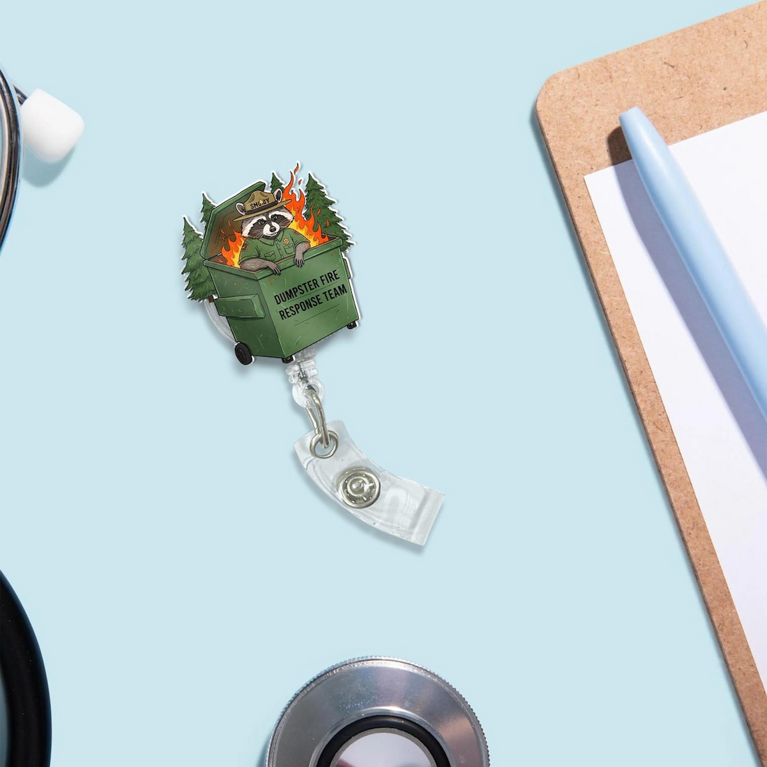 Funny Badge Reel for Nurses & Doctors, Dumpster Fire ID Holder Clip, Retractable Work Badge,  RN LPN CNA ER Gift