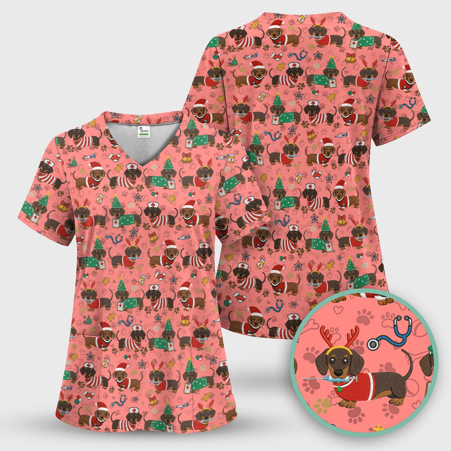 Christmas Wiener Dog Scrub Top for Nurses - Cute Dachshund Medical Shirt - Fun Holiday Scrubs Gift for Women RN CNA LPN