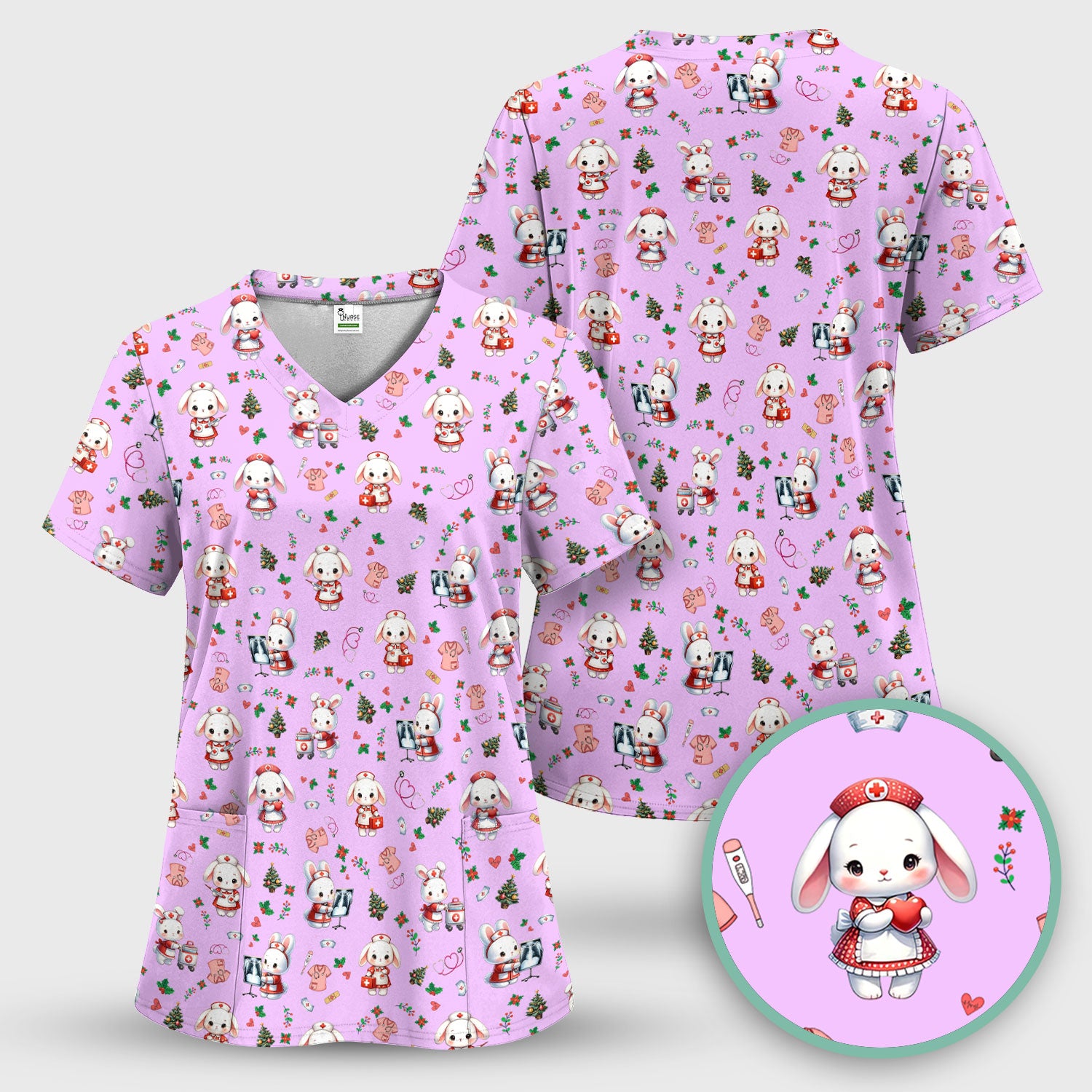 Comfortable Scrubs for Nurses - Funny Bunny Scrub Top - Rabbit Christmas Shirt - Xmas Med Uniform for Women