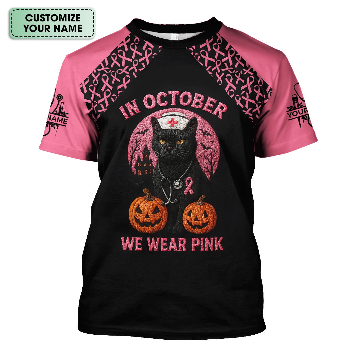 In October We Wear Pink Scrub Top - Breast Cancer Awareness Shirt for Women - Halloween Gift for RN CNA LPN ER