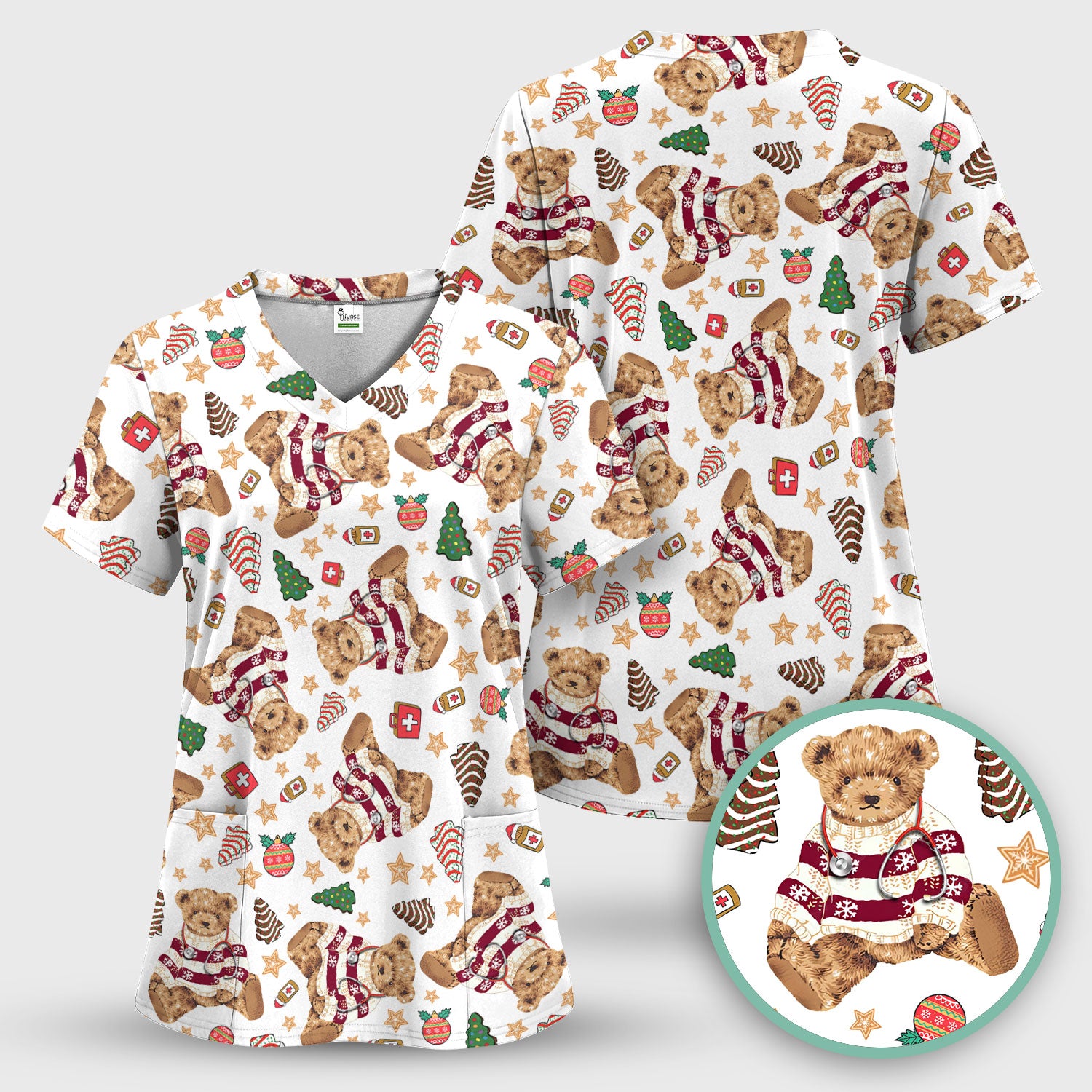 Christmas Teddy Bear Scrub Top for Nurses - Cozy Holiday Pattern with Cute Bear and Medical Icons - Festive Scrubs for Women