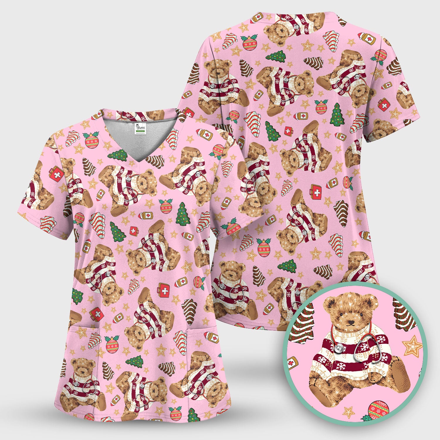Christmas Teddy Bear Scrub Top for Nurses - Cozy Holiday Pattern with Cute Bear and Medical Icons - Festive Scrubs for Women