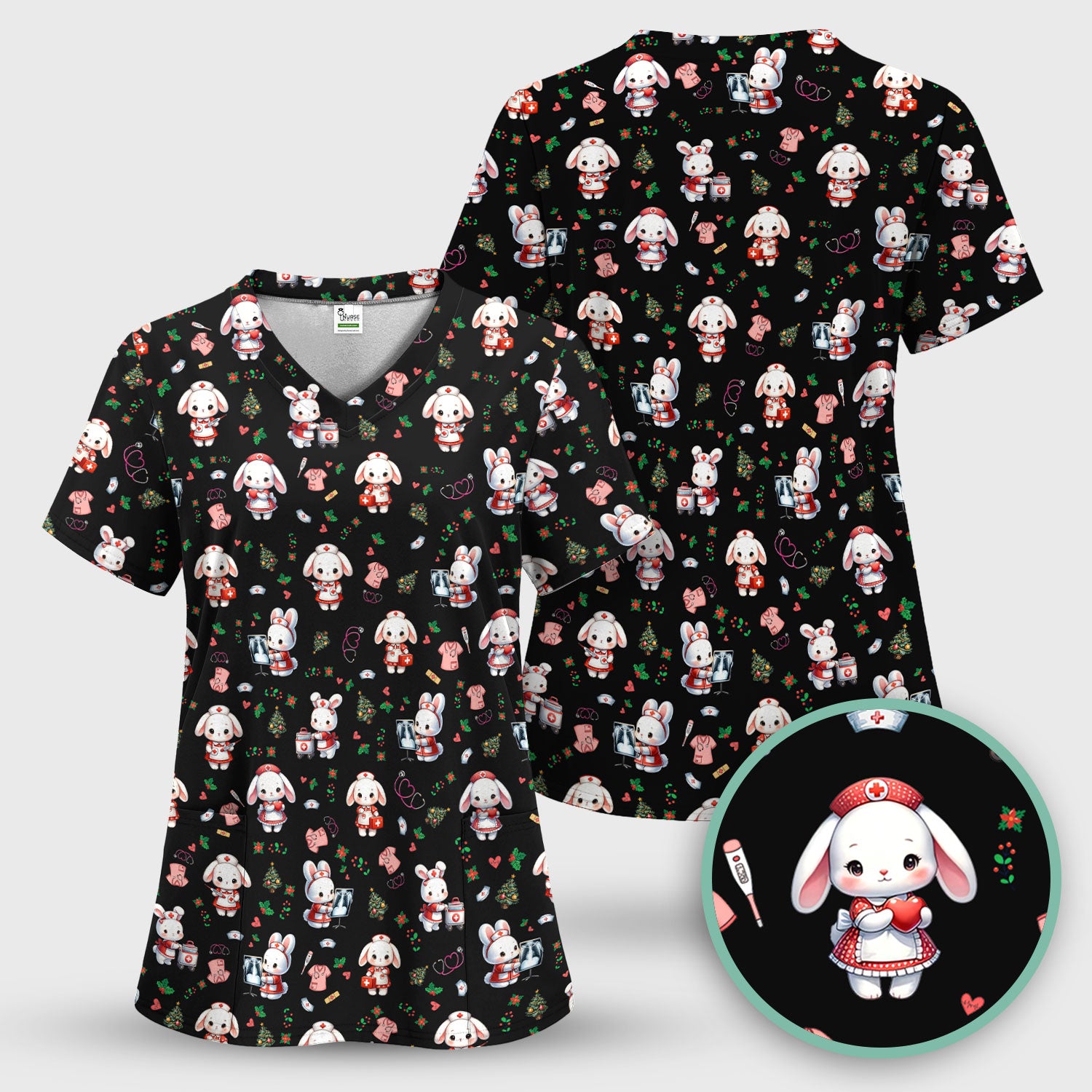 Comfortable Scrubs for Nurses - Funny Bunny Scrub Top - Rabbit Christmas Shirt - Xmas Med Uniform for Women