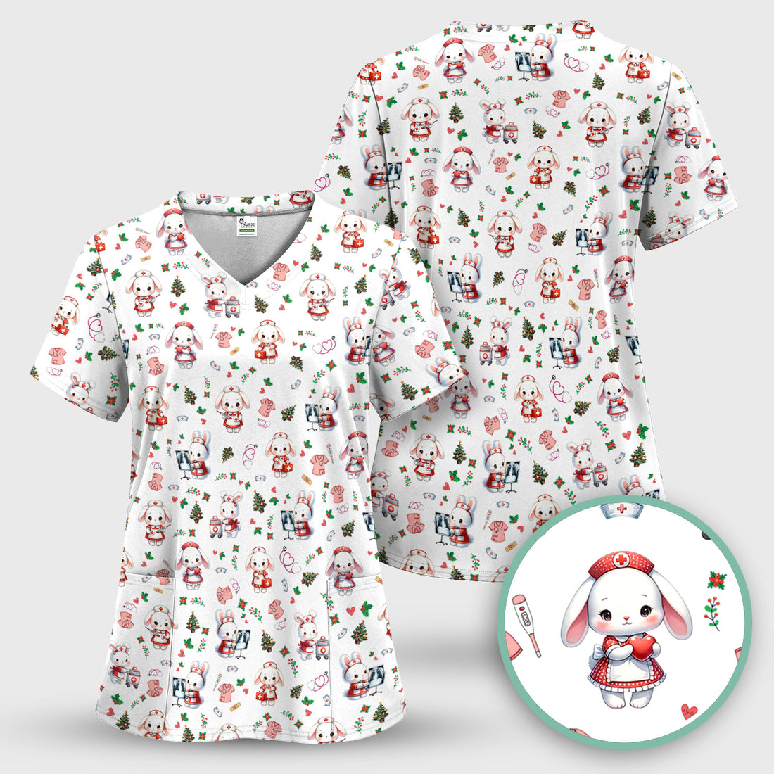 Comfortable Scrubs for Nurses - Funny Bunny Scrub Top - Rabbit Christmas Shirt - Xmas Med Uniform for Women