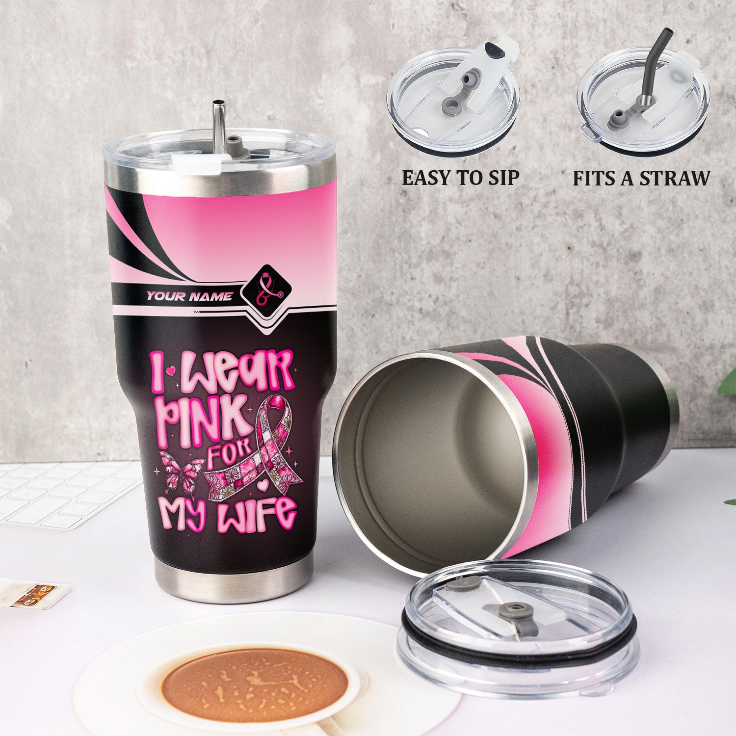 Personalized Breast Cancer Awareness Tumbler - Pink Ribbon Stainless Steel Cup - Gift for RN LPN CNA