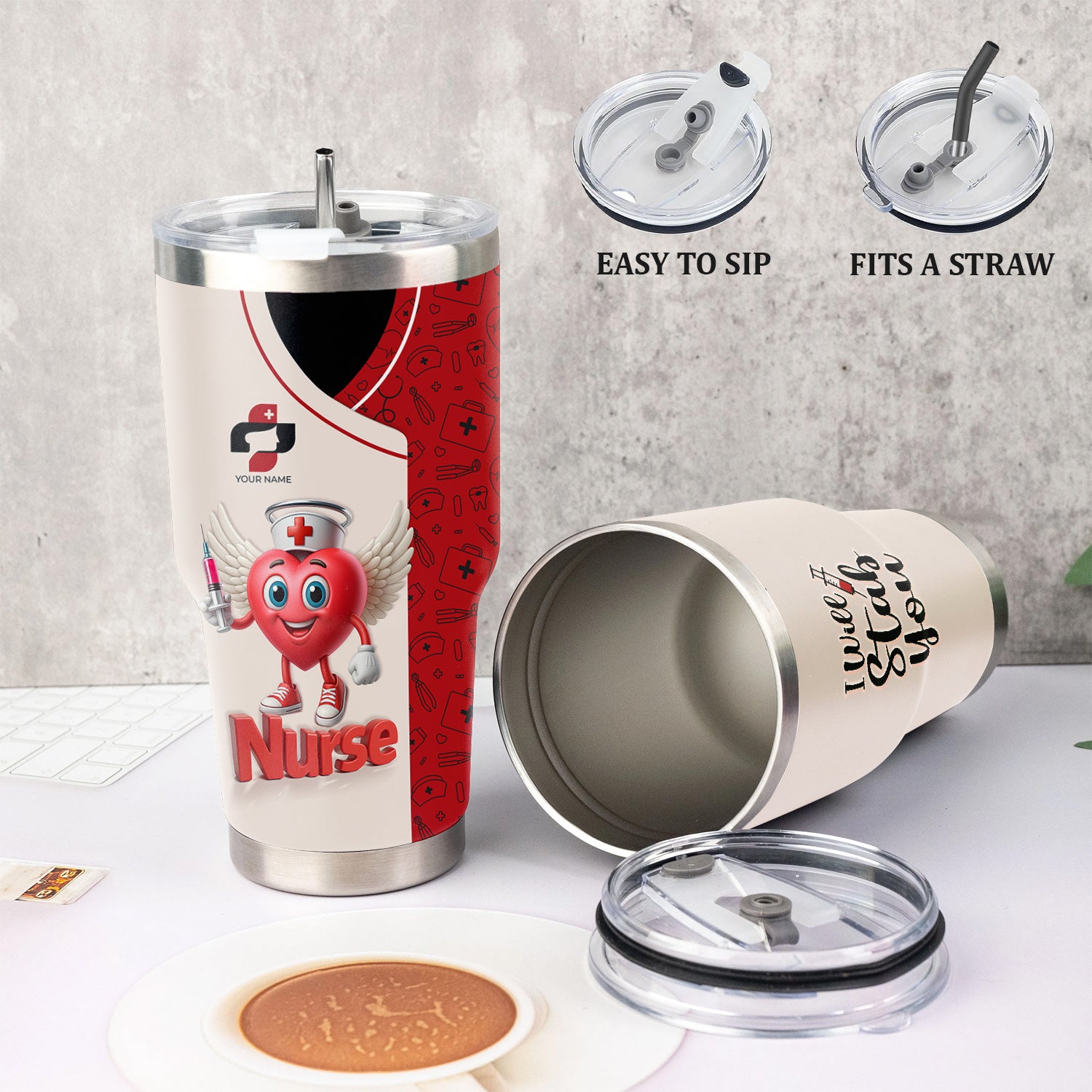 Custom Nurse Travel Tumbler - Cute Heart Cartoon with Syringe Design - Hilarious I Will Stab You Gift for Healthcare Professionals