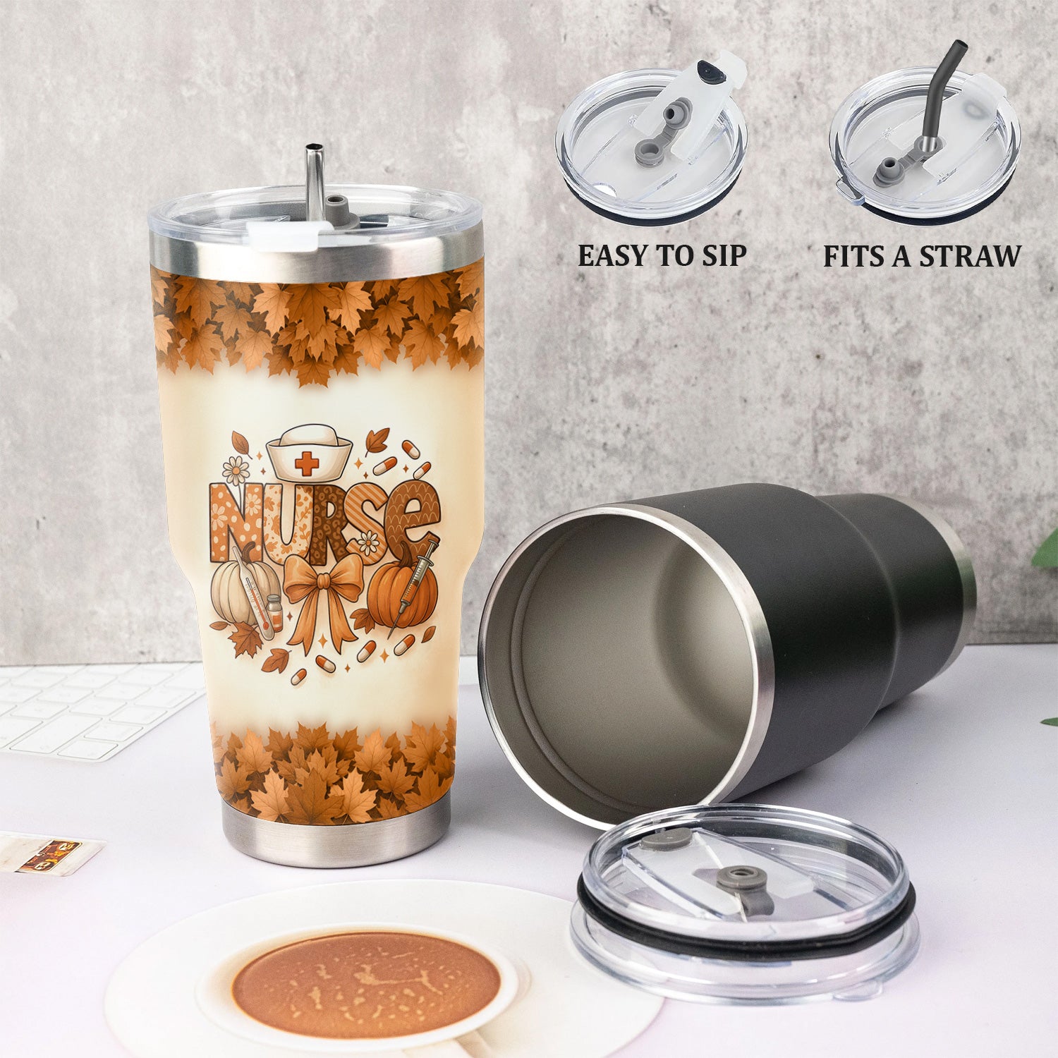 Personalized Fall Nurse Tumbler - Pumpkin Leaf Design with Name - Cute Thanksgiving Gift for RN CNA LPN Healthcare Workers