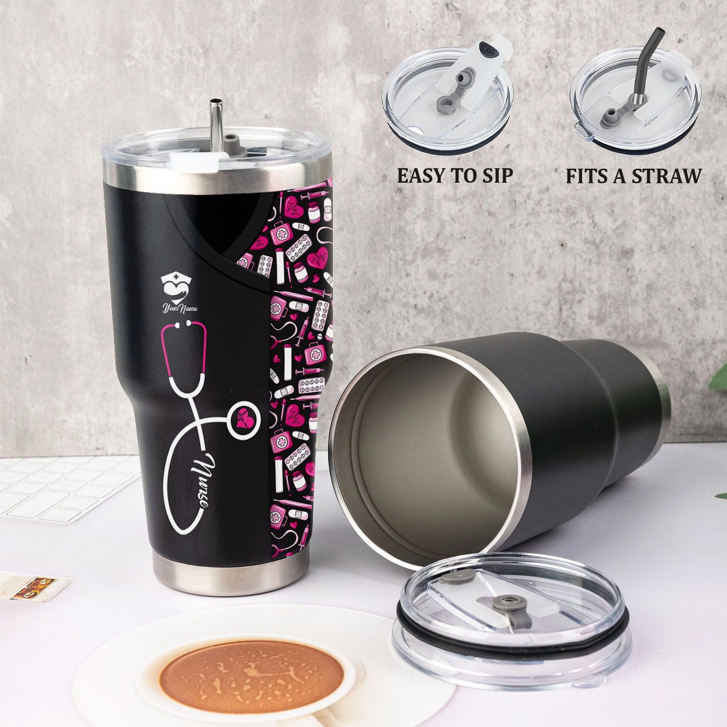 Funny Nurse Tumbler - Stethoscope & Medical Icons Design - Customizable Text Gift for Healthcare Workers, Nurses, LPN, CNA
