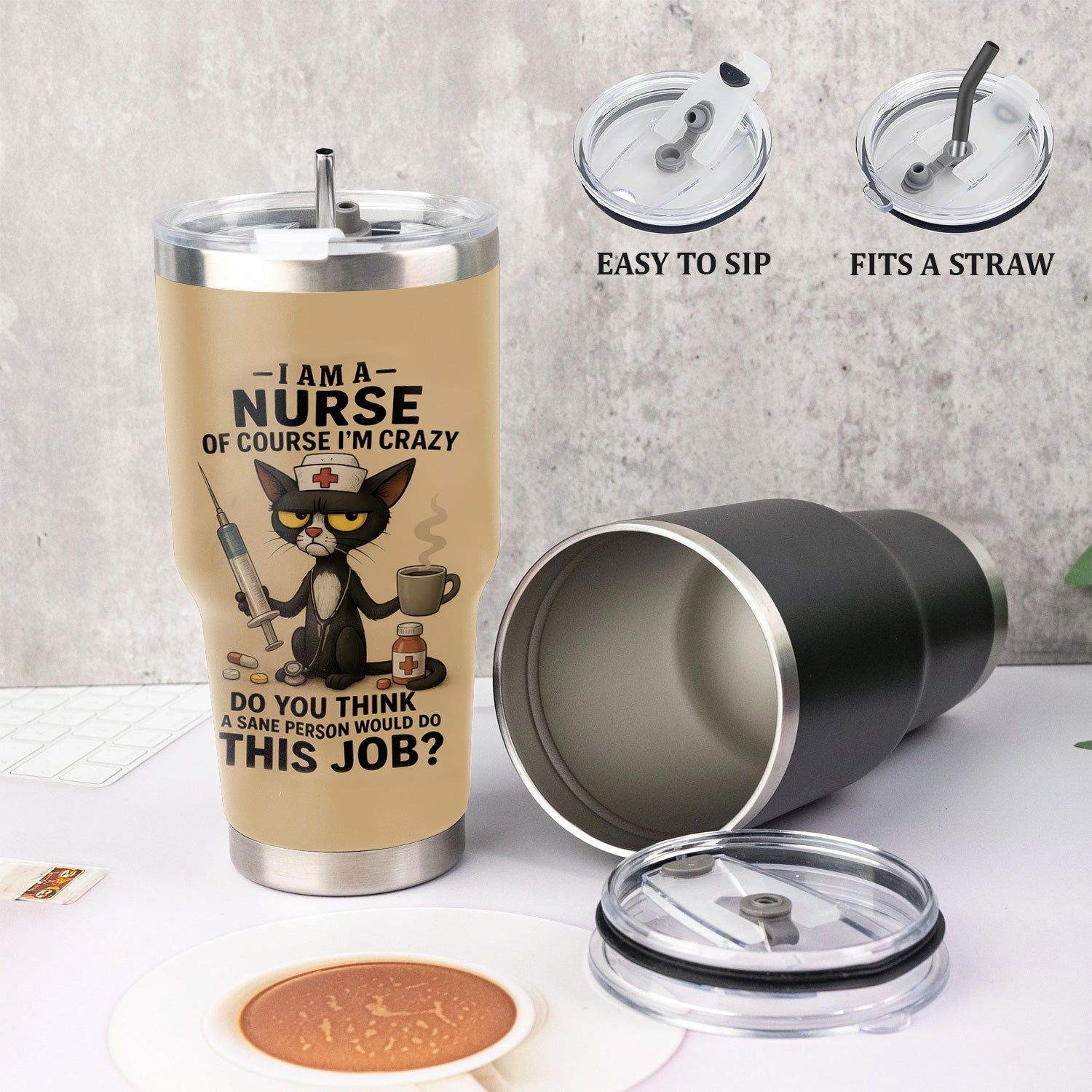 Custom Funny Nurse Tumbler - Angry Cat Design with Syringe Coffee & Pills - Hilarious Gift for Women RN CNA LPN