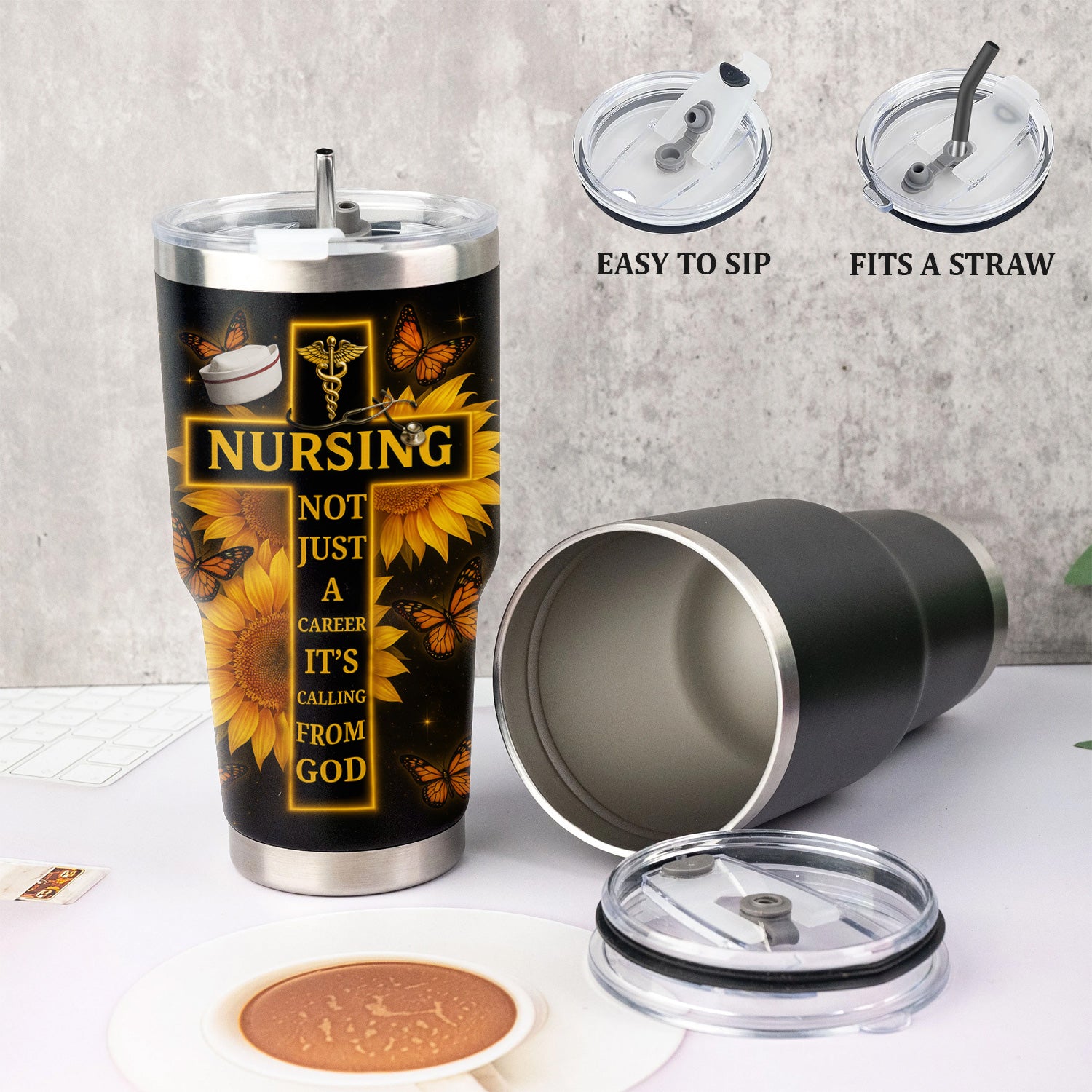 Custom Christian Nurse Tumbler - Faith-Based Gift with Stethoscope & Sunflower Cross - Great Gift for Christian RN CNA LPN Women