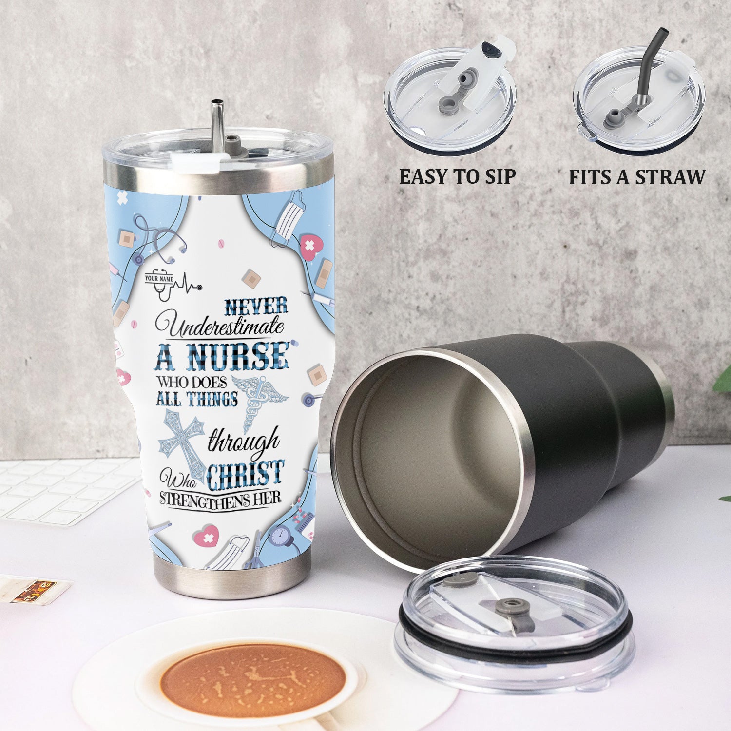 Personalized Christian Nurse Tumbler for RN LPN CNA - Custom Name All Things Through Christ Quote - Faith Medical Gift for Healthcare Workers