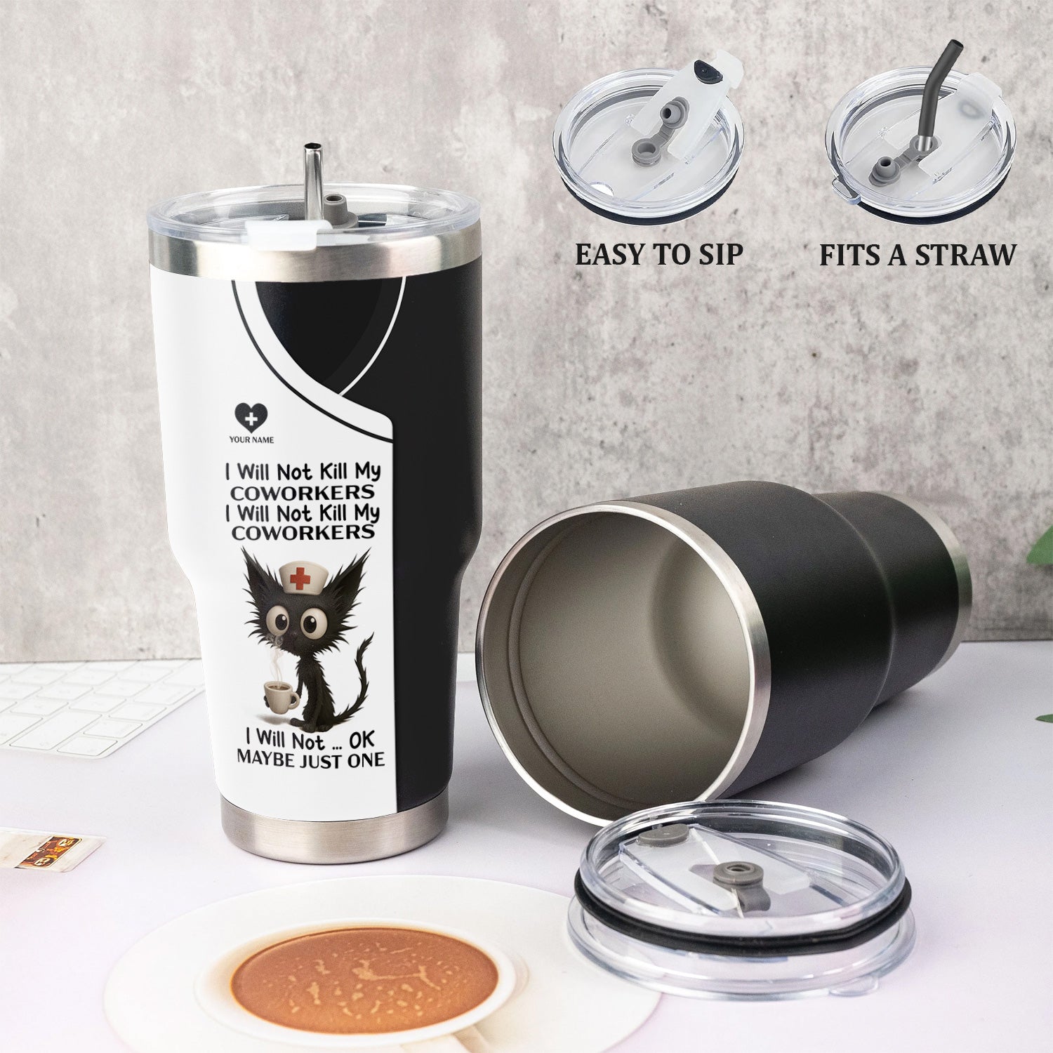 Custom Name Nurse Tumbler - Sarcastic Cat and Coffee Design for RN LPN CNA - Funny Medical Coworker Gift