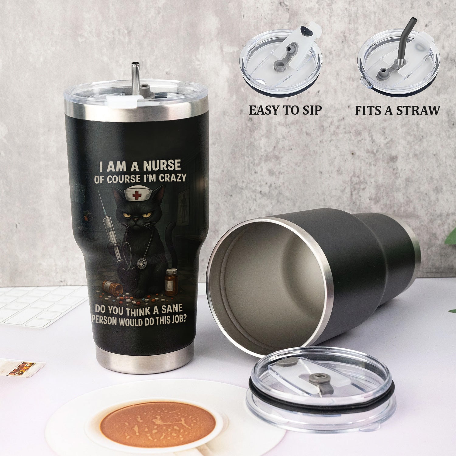 Custom Name Funny Nurse Tumbler - Crazy Cat Nurse with Syringe Quote - Dark Humor Gift for RN CNA LPN