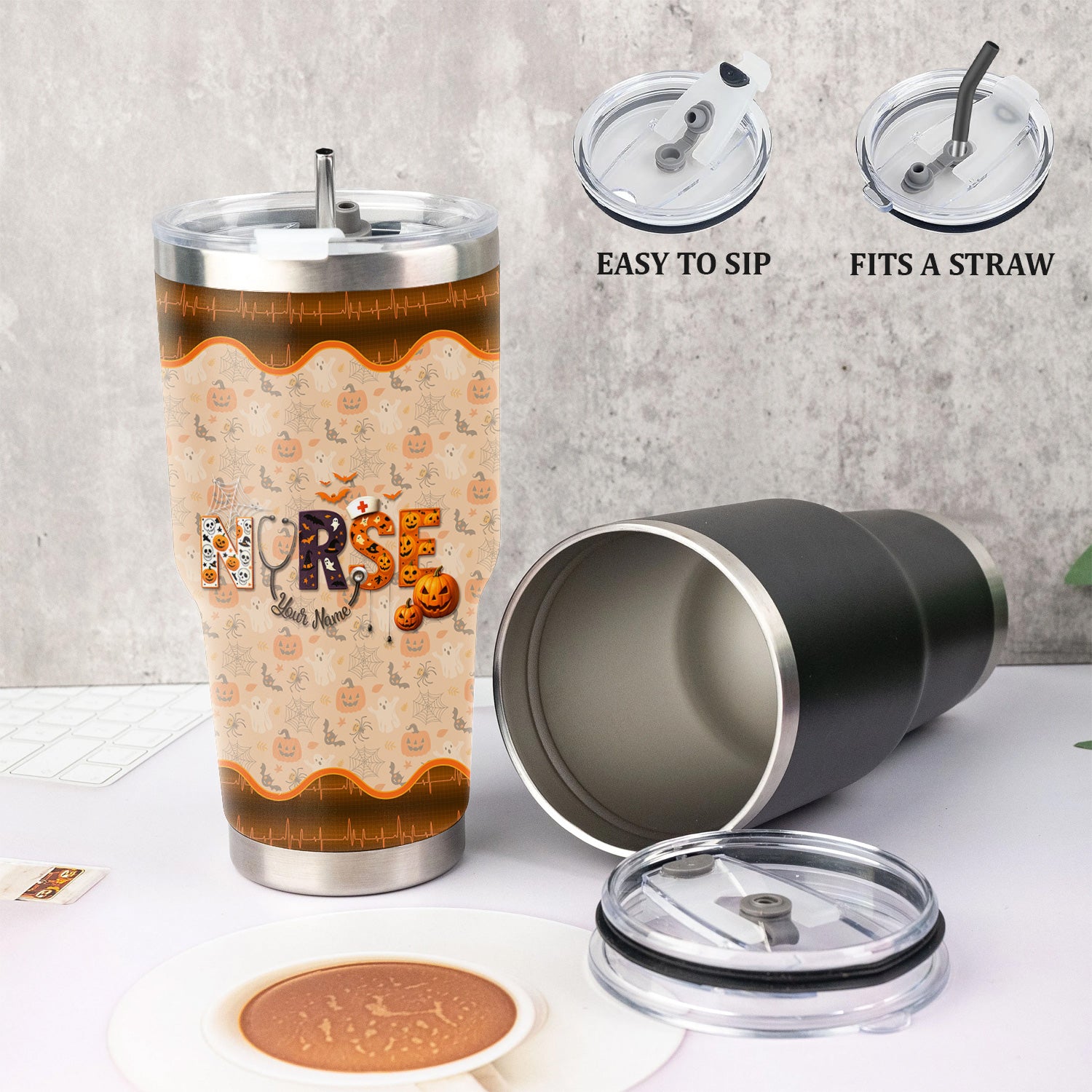 Personalized Nurse Halloween Tumbler - You Can't Scare Me Pumpkin Design - Custom Text Gift for RN CNA LPN Healthcare Workers
