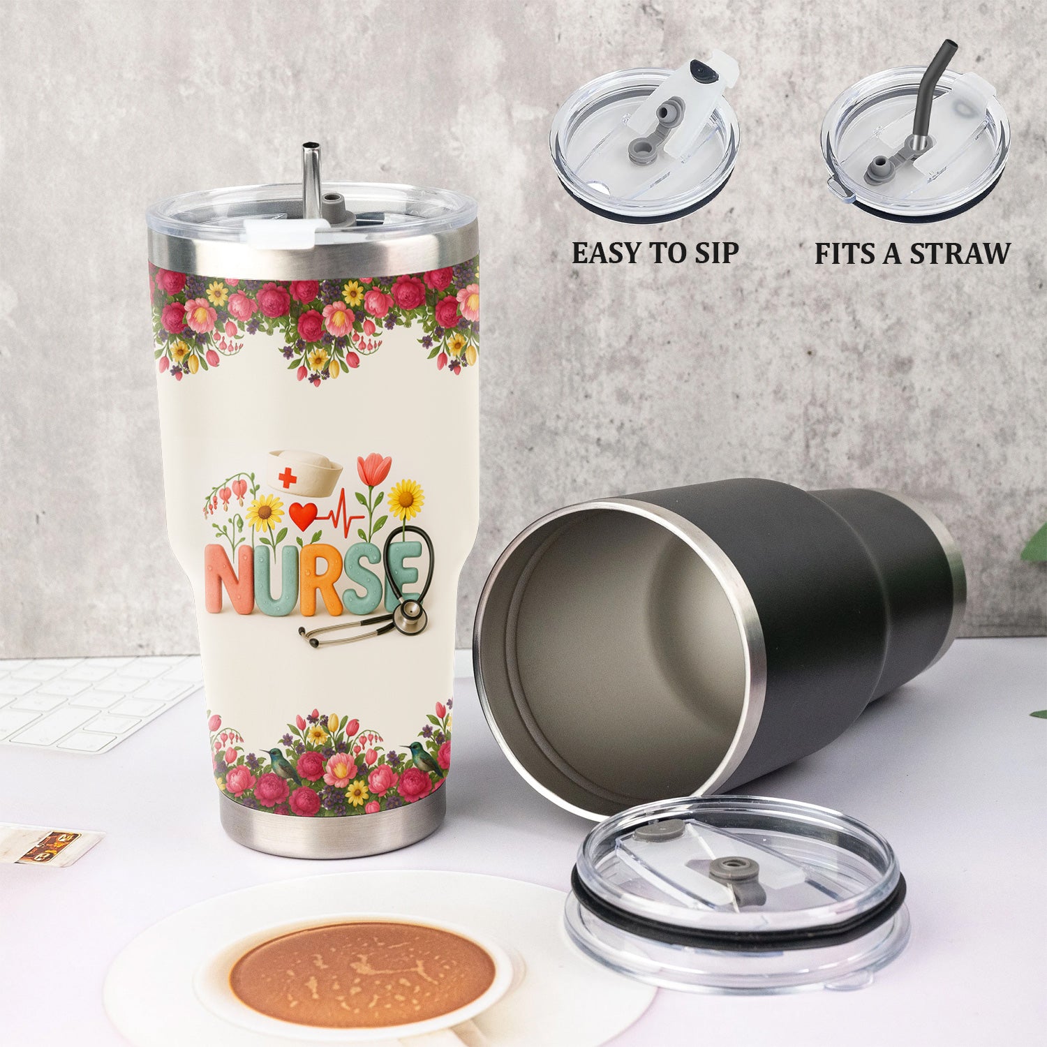 Personalized Floral Nurse Tumbler with Colorful Letters and Name - Cute Stethoscope Design - Thoughtful Gift for RN CNA LPN Women - Nurse Week or Birthday Idea