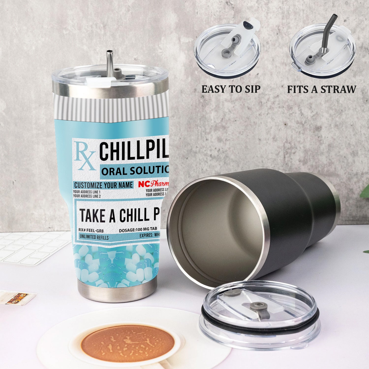 Custom Chill Pill Prescription Tumbler - Personalized 20oz Stainless Steel Cup - Funny Gift for Coworkers, Nurses, Doctors