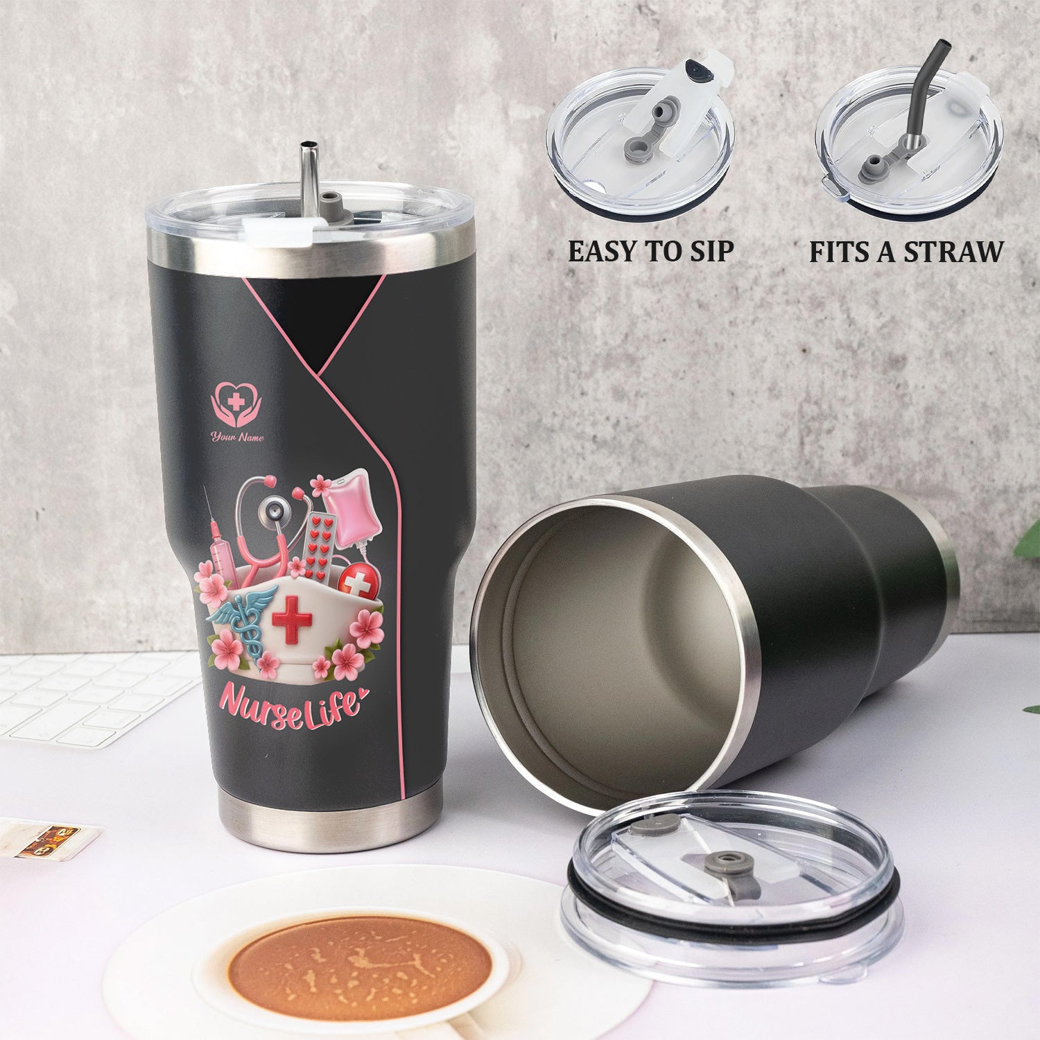 Personalized Nurse Tumbler - Cute Scrub & Heartbeat Design - Gift for RN LPN CNA Students and Workers