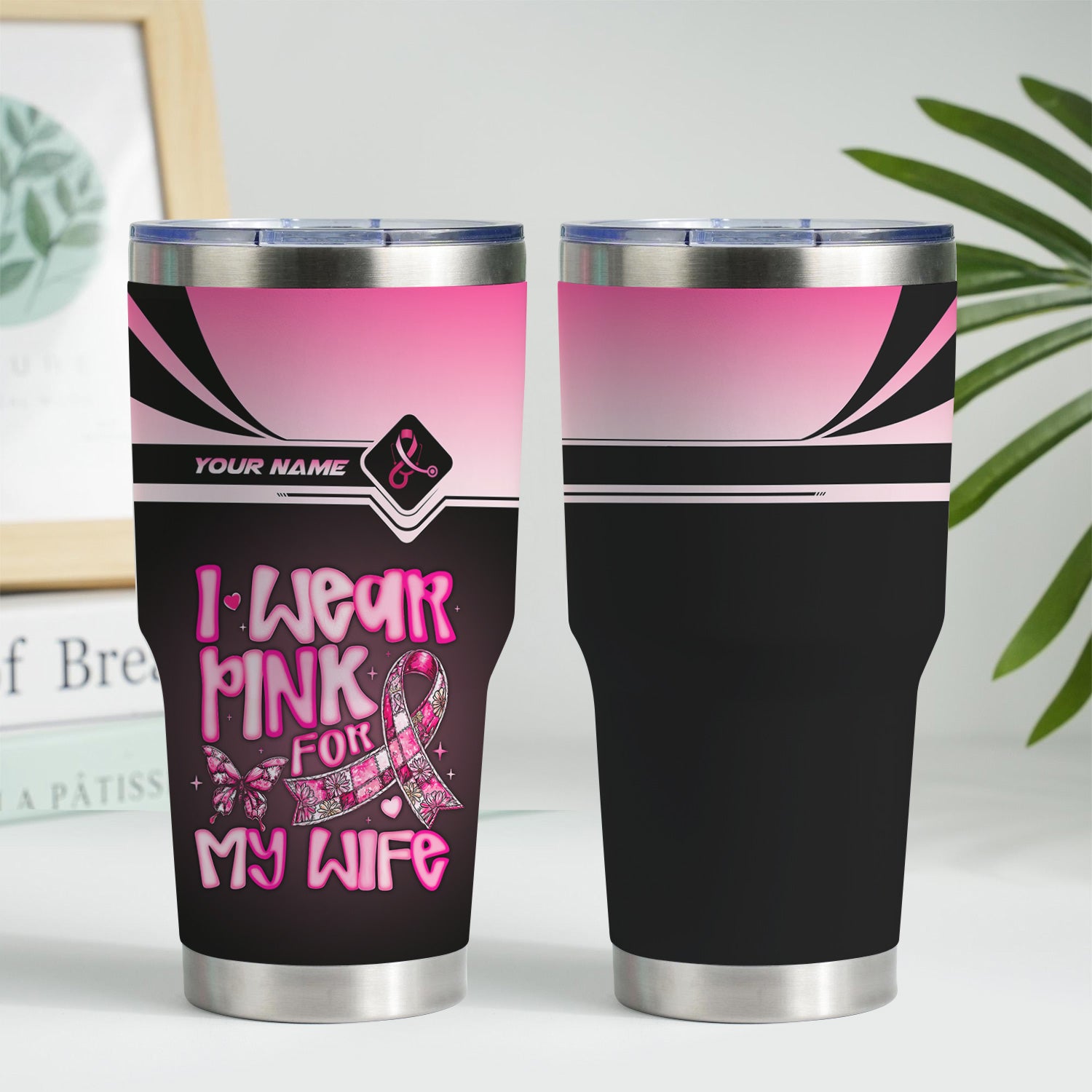 Personalized Breast Cancer Awareness Tumbler - Pink Ribbon Stainless Steel Cup - Gift for RN LPN CNA