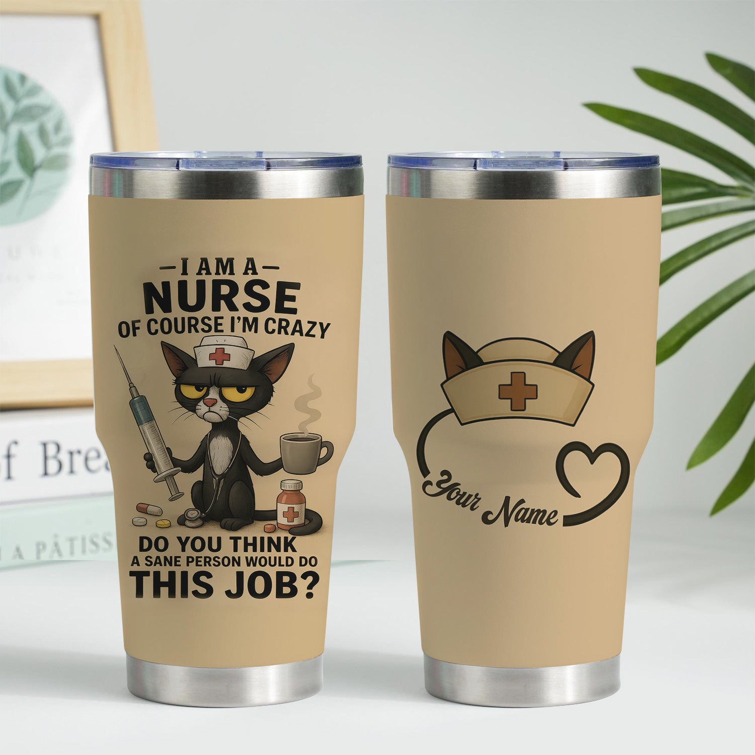 Custom Funny Nurse Tumbler - Angry Cat Design with Syringe Coffee & Pills - Hilarious Gift for Women RN CNA LPN