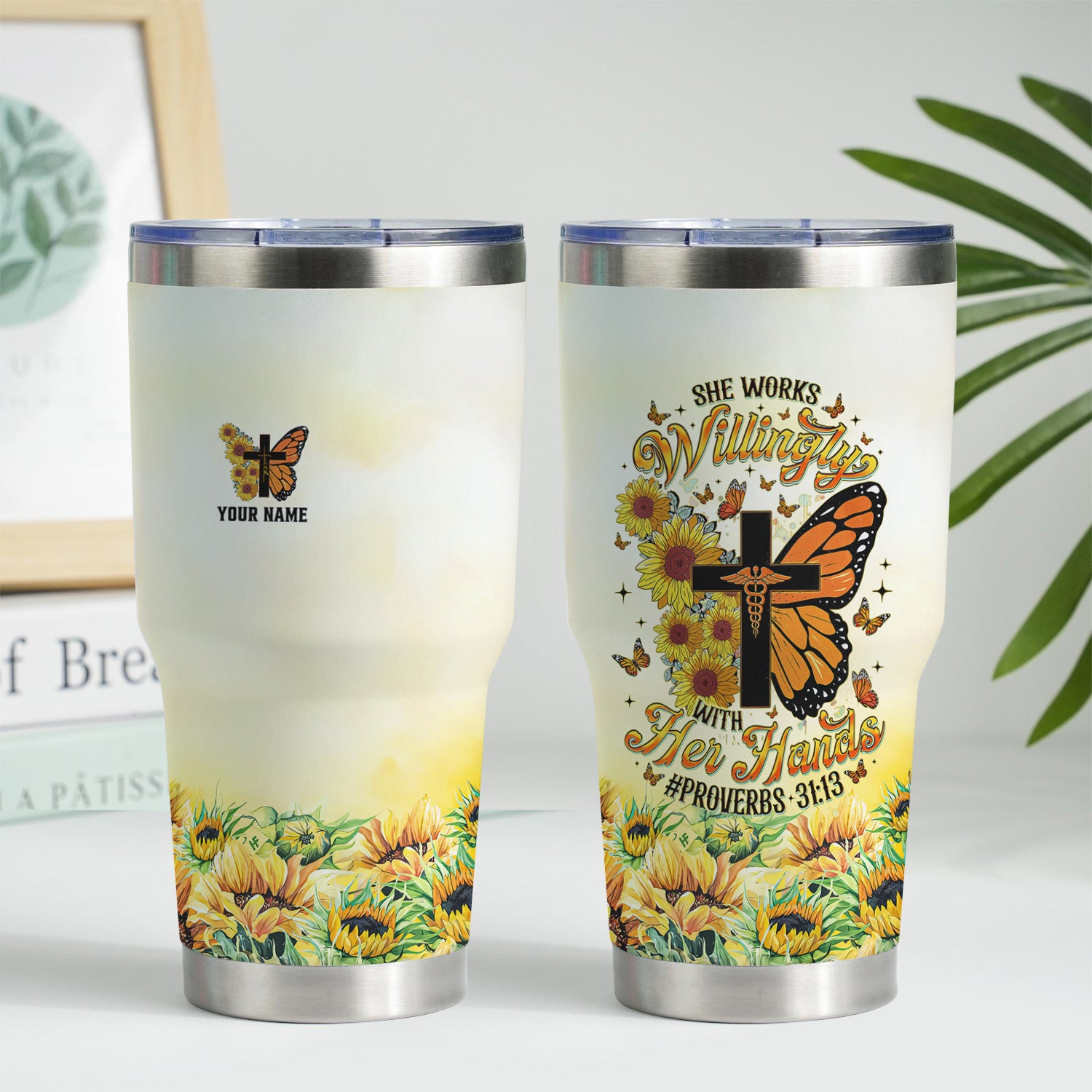 Personalized Christian Nurse Tumbler - Sunflower Butterfly Cross & Bible Verse - RN LPN CNA Healthcare Workers Gift