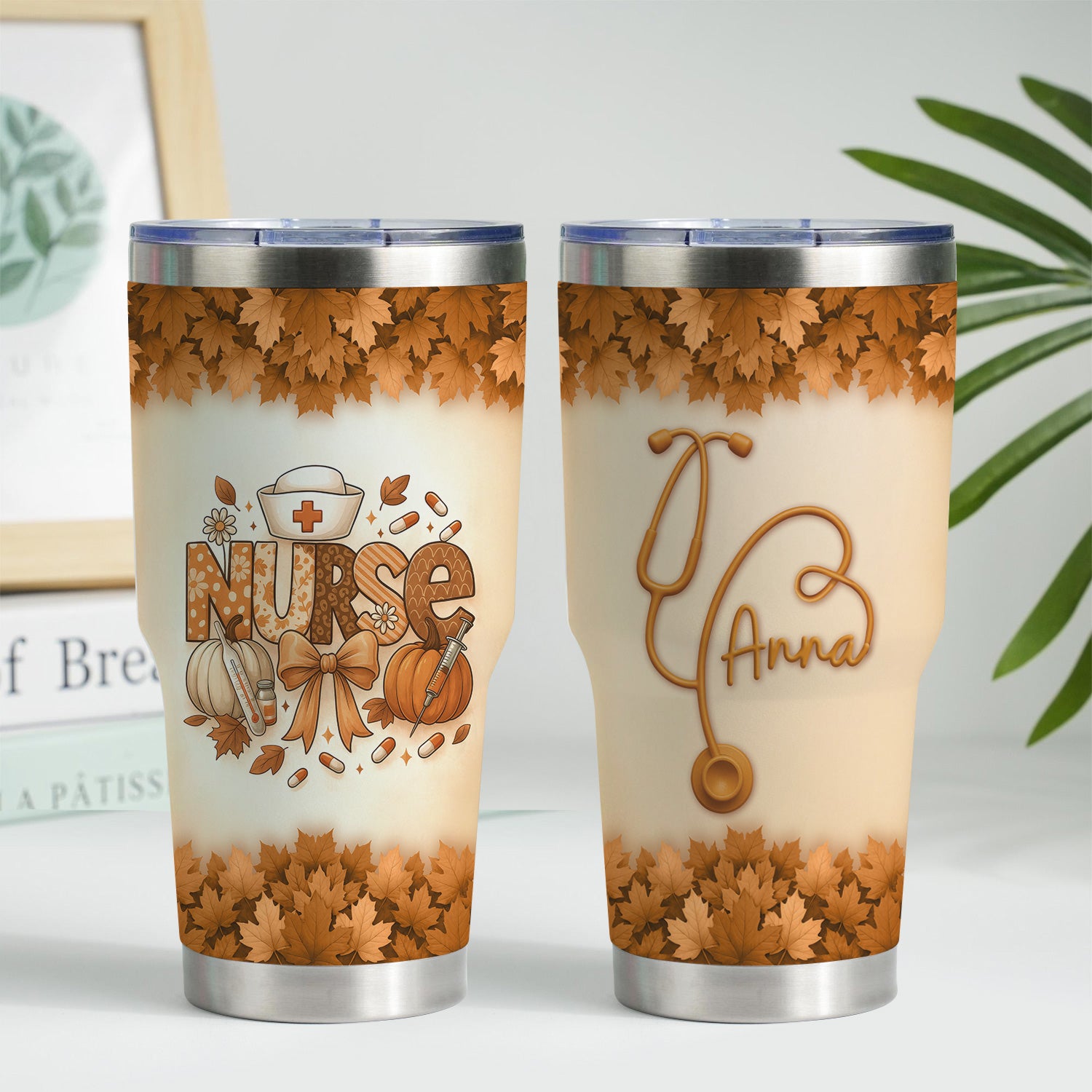 Personalized Fall Nurse Tumbler - Pumpkin Leaf Design with Name - Cute Thanksgiving Gift for RN CNA LPN Healthcare Workers