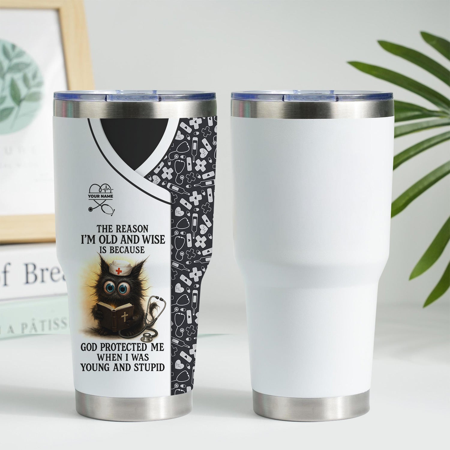 Personalized Nursing Tumbler for Women - Adorable Cat Cartoon with Bible Nurse Design - Funny Medical Gift for RN LPN CNA Staff