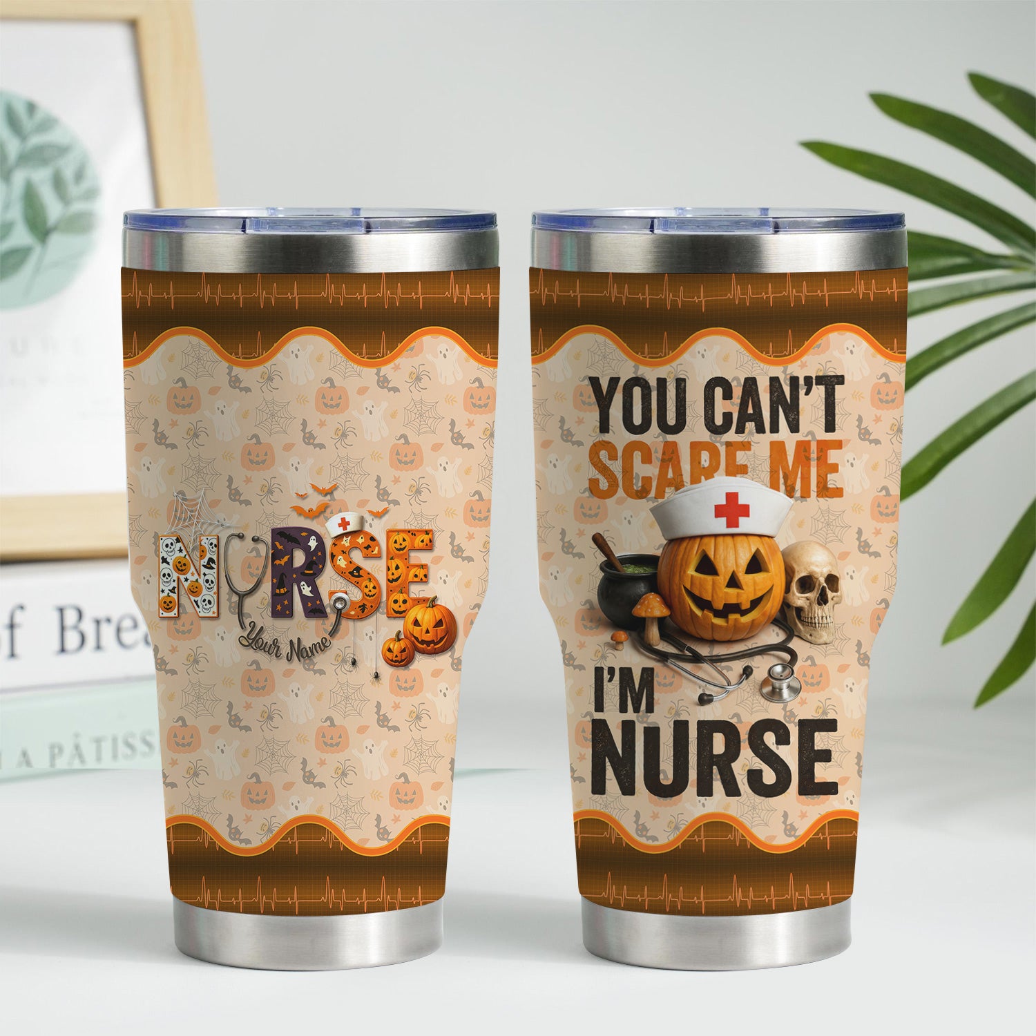 Personalized Nurse Halloween Tumbler - You Can't Scare Me Pumpkin Design - Custom Text Gift for RN CNA LPN Healthcare Workers