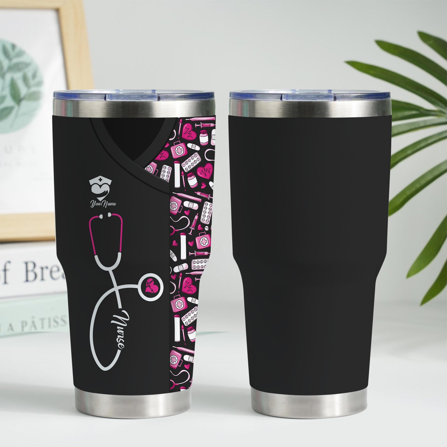 Funny Nurse Tumbler - Stethoscope & Medical Icons Design - Customizable Text Gift for Healthcare Workers, Nurses, LPN, CNA