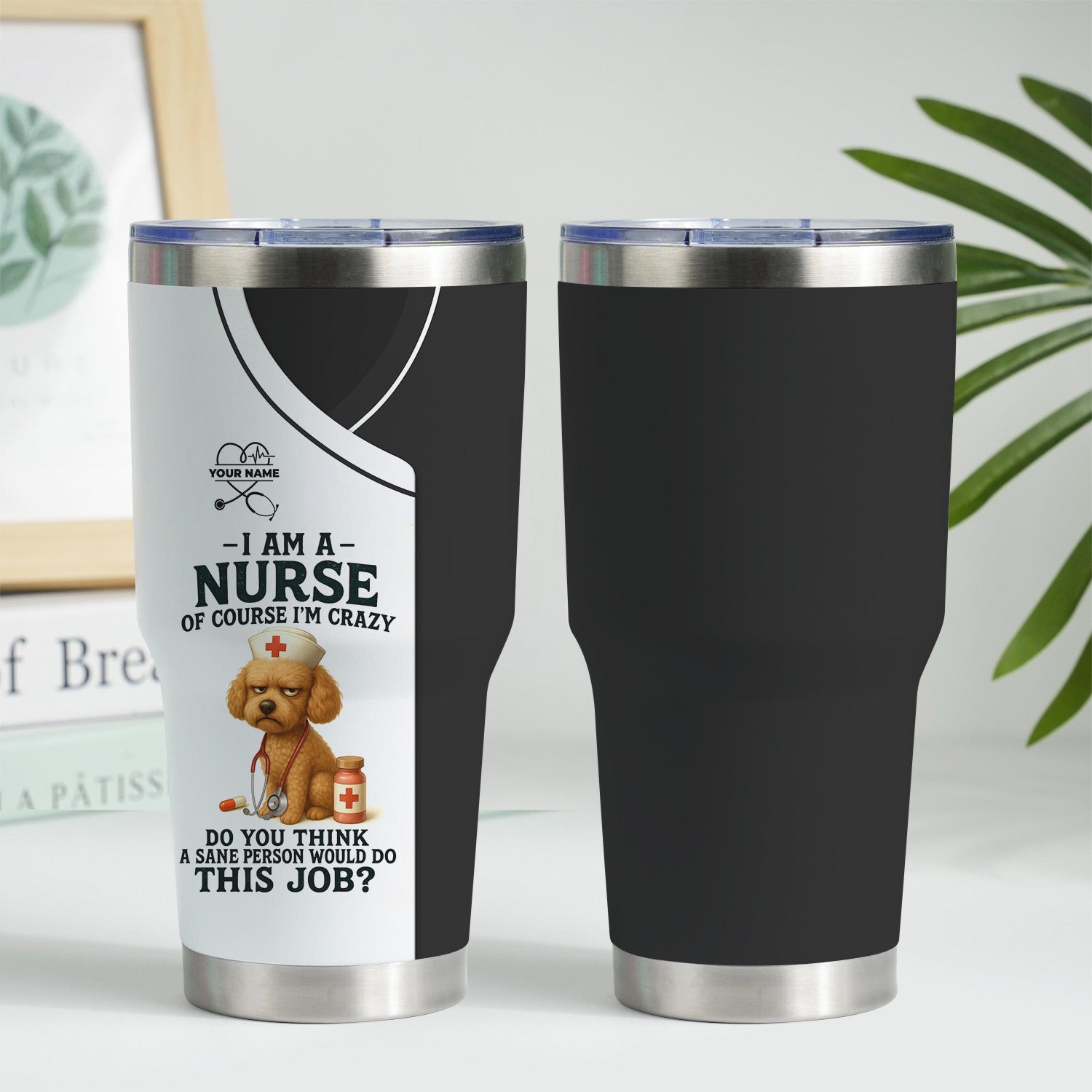 Funny Nurse Tumbler with Poodle - Personalized 20oz Stainless Steel Cup - Custom Name Humorous Gift for RN LPN CPN Dog Lover