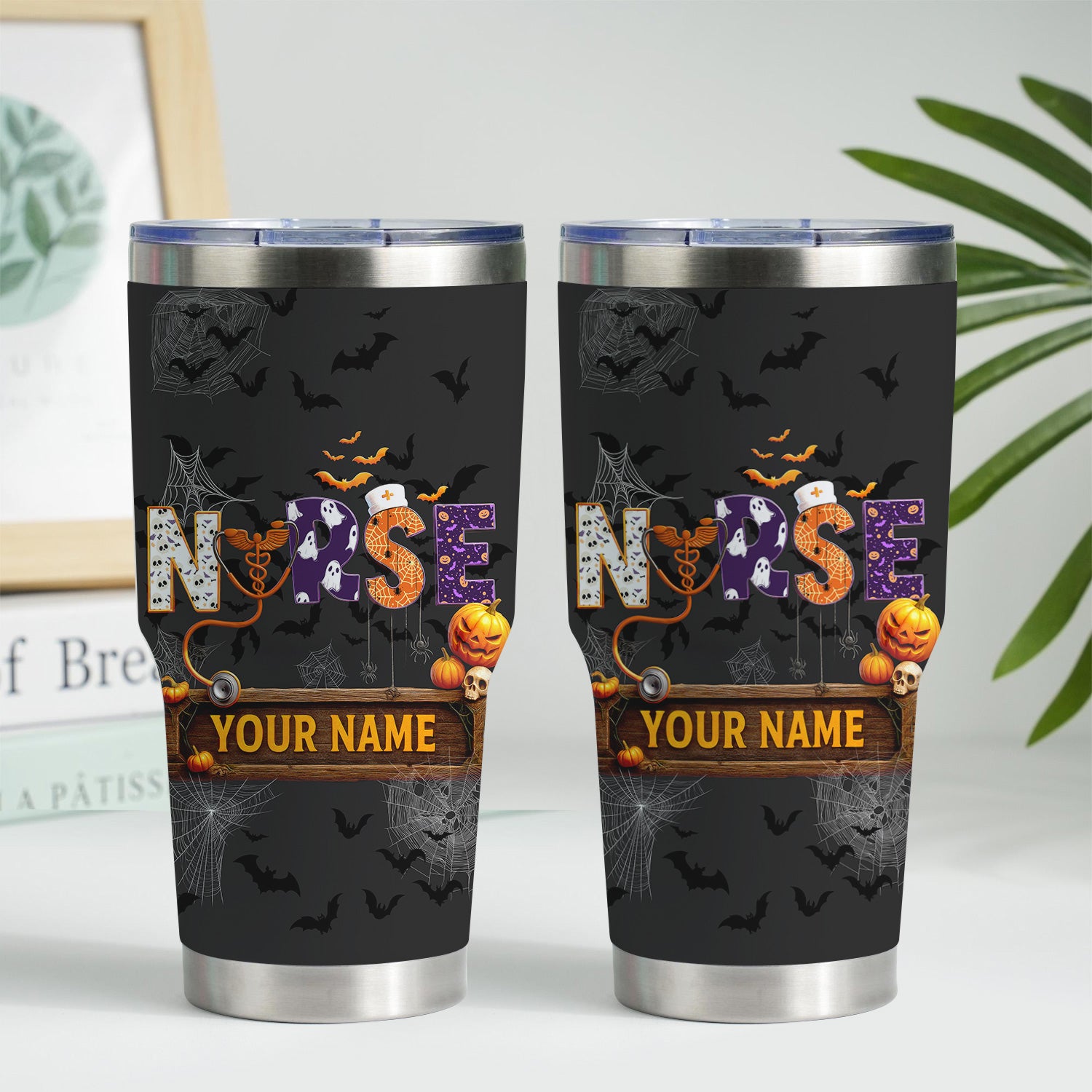 Funny Halloween Nurse Tumbler - Personalized Name & Stethoscope Design - Spooky 'Nurse' with Pumpkins and Bats - Ideal for RN, CNA, LPN Healthcare Workers