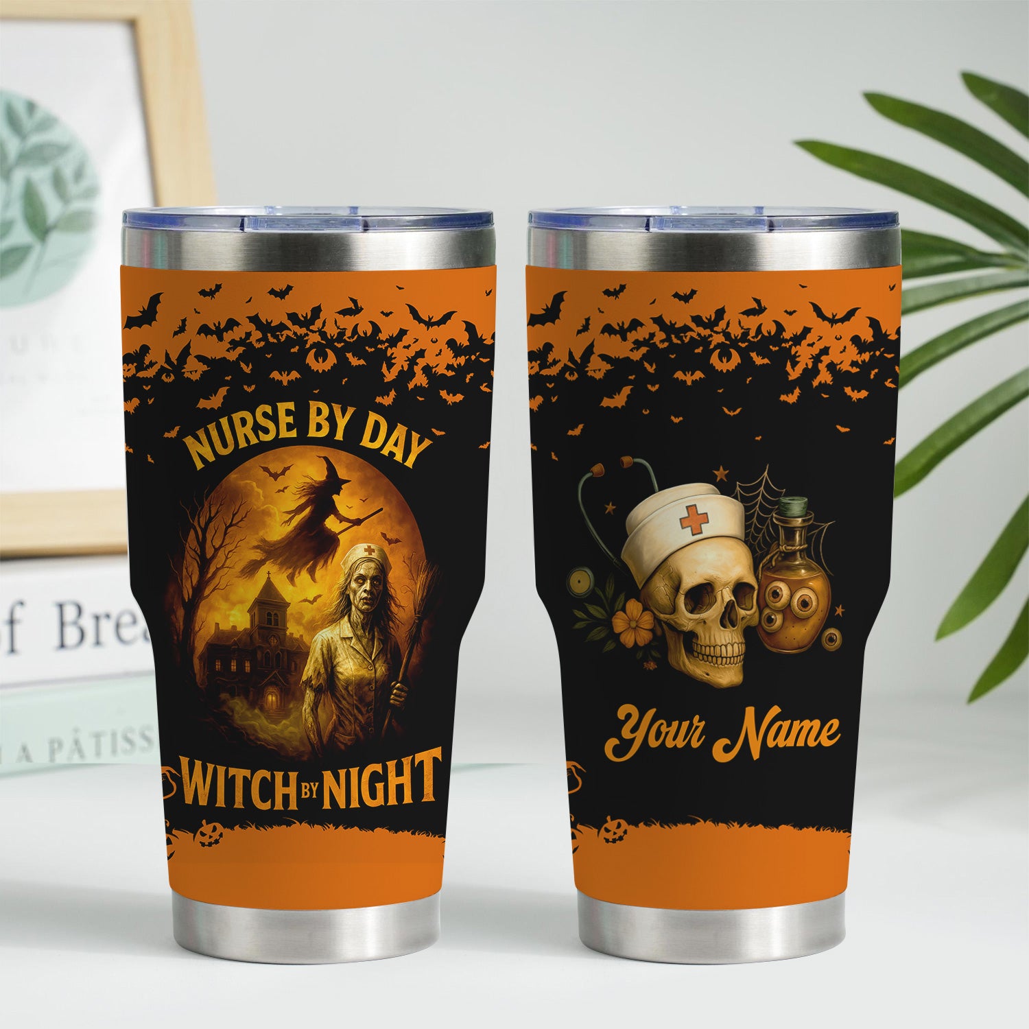 Halloween Nursing Travel Tumbler for CPN LPN RN - Scary Witch Nurse By Day Night Design - Gift for Healthcare Workers Medical Staff
