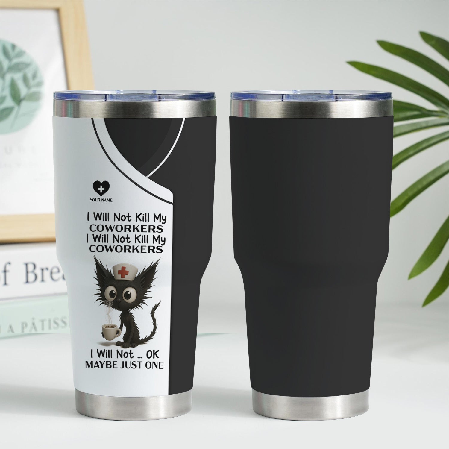 Custom Name Nurse Tumbler - Sarcastic Cat and Coffee Design for RN LPN CNA - Funny Medical Coworker Gift