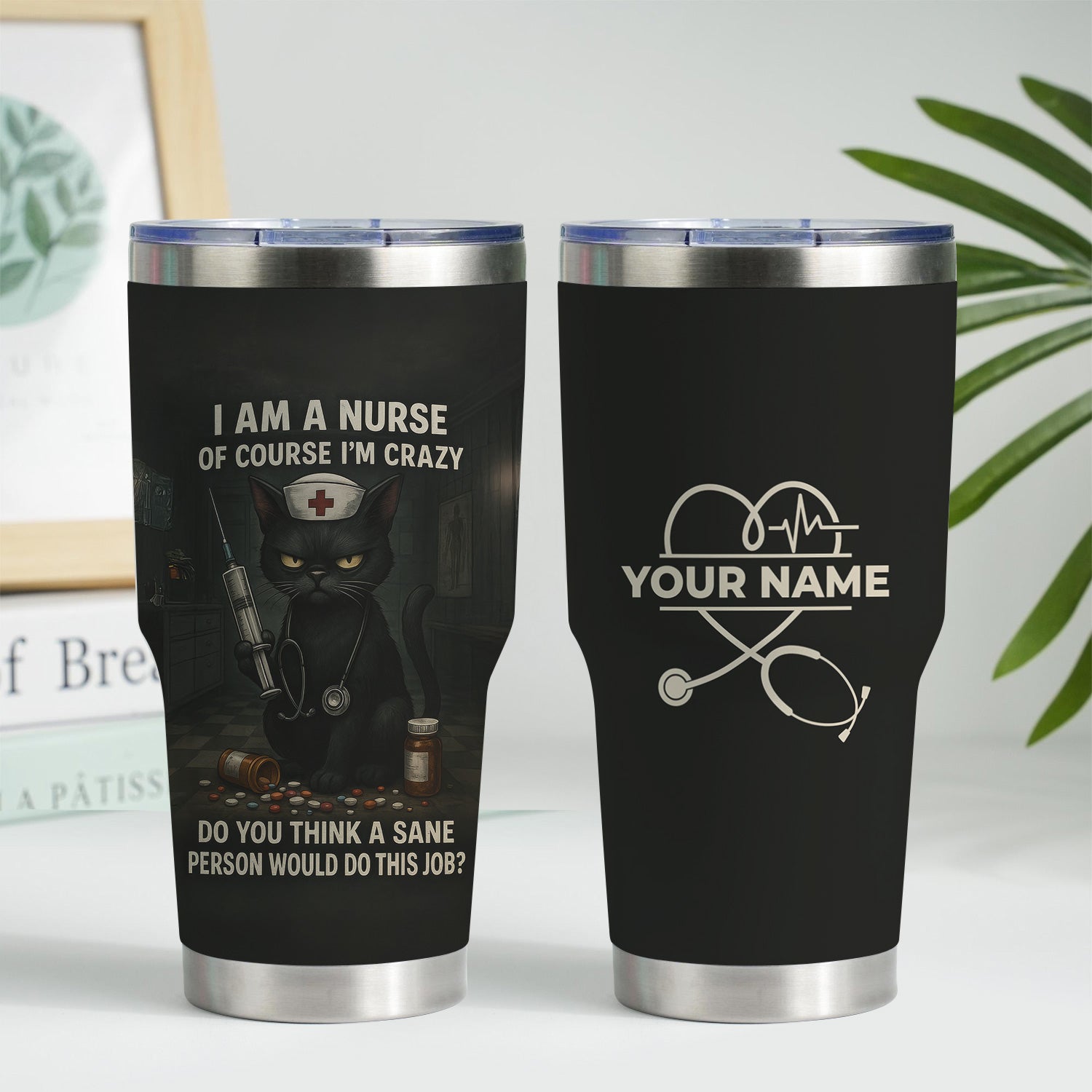 Custom Name Funny Nurse Tumbler - Crazy Cat Nurse with Syringe Quote - Dark Humor Gift for RN CNA LPN