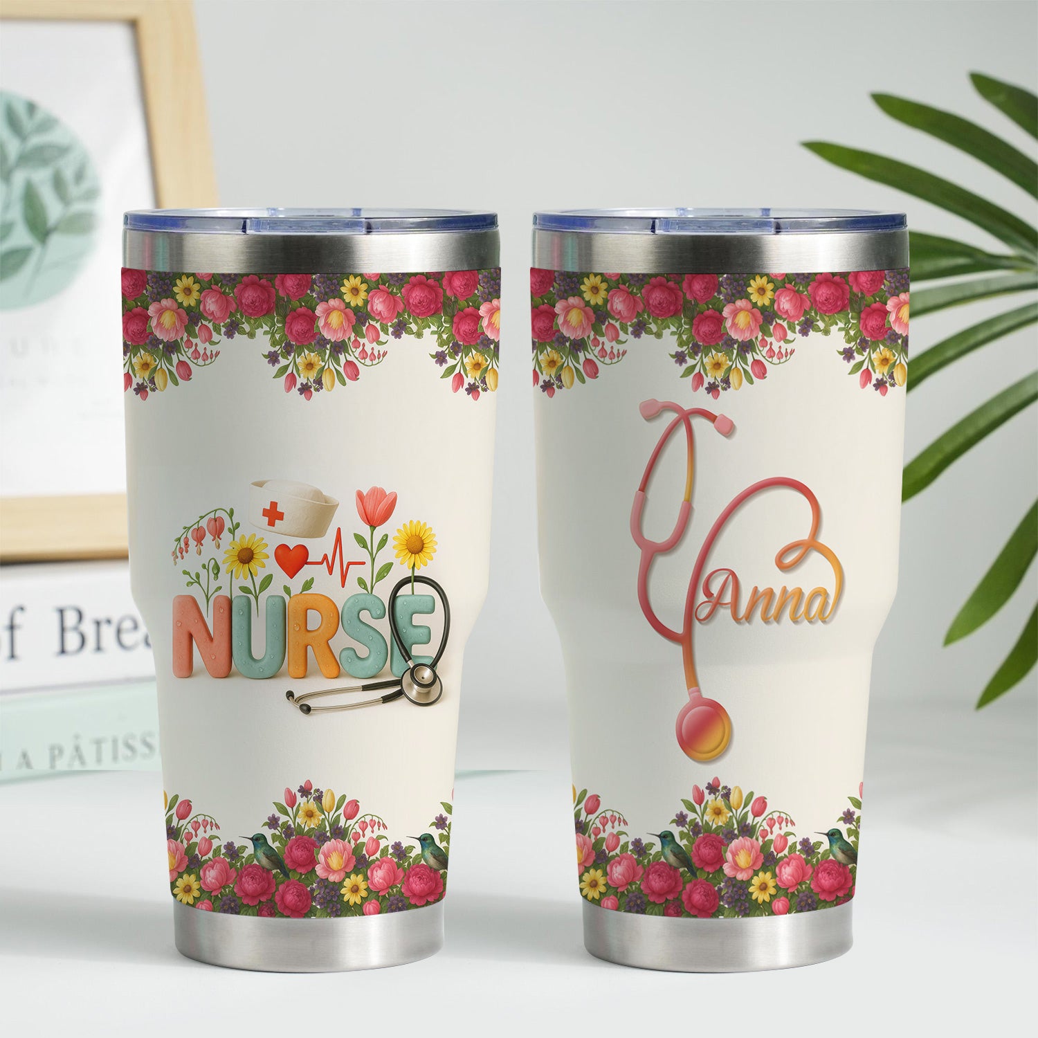 Personalized Floral Nurse Tumbler with Colorful Letters and Name - Cute Stethoscope Design - Thoughtful Gift for RN CNA LPN Women - Nurse Week or Birthday Idea