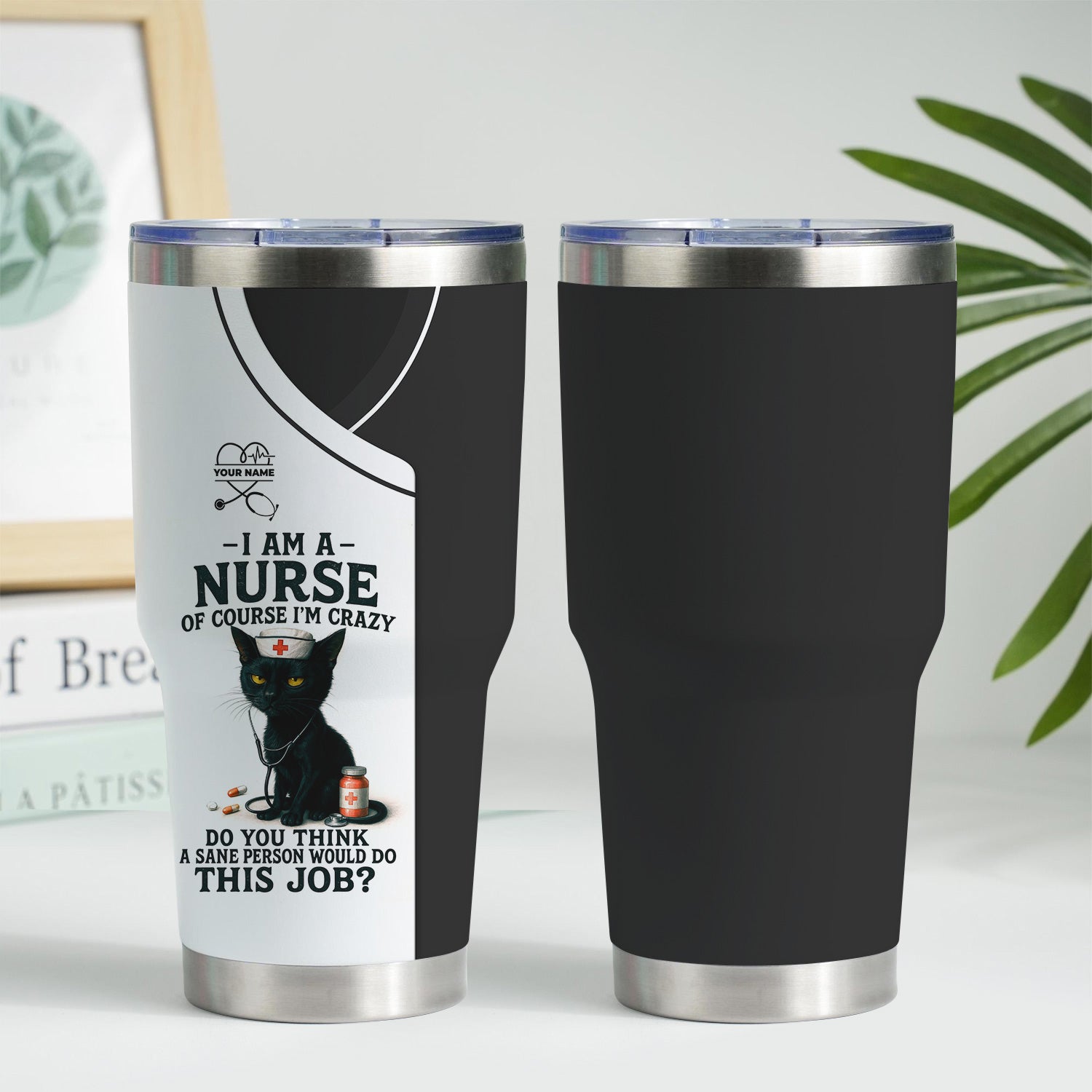 Funny Nurse Tumbler with Black Cat - Personalized 20oz Stainless Steel Cup - Gift for Nurses