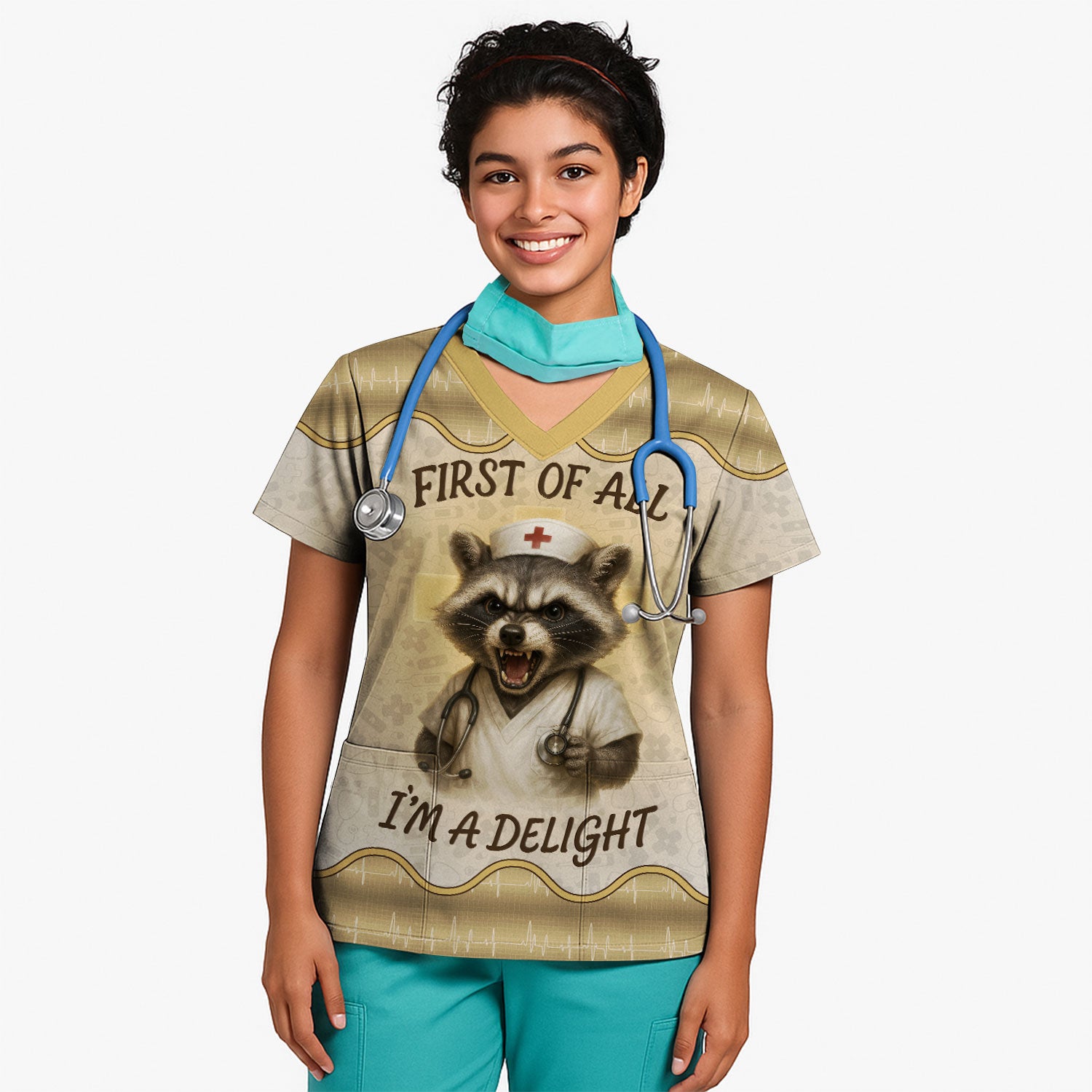 Funny Nurse Shirt with Raccoon - First Of All I'm A Delight - Personalized with Name - Cute Gift for RN CNA LPN Women in Healthcare