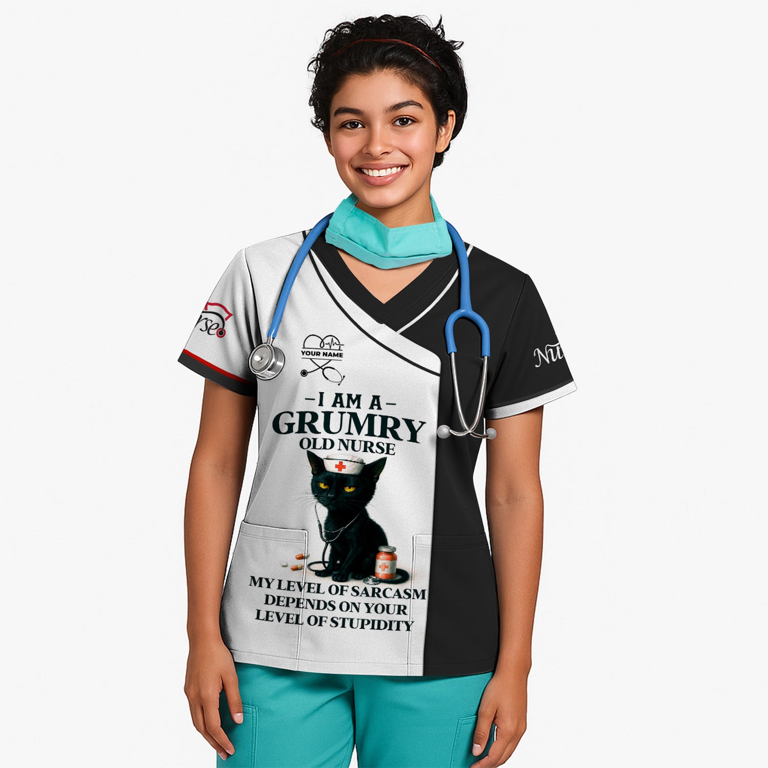 Grumpy Nurse Scrub Top - Sarcastic Black Cat Quote - Funny Gift for RN CNA LPN Healthcare Workers