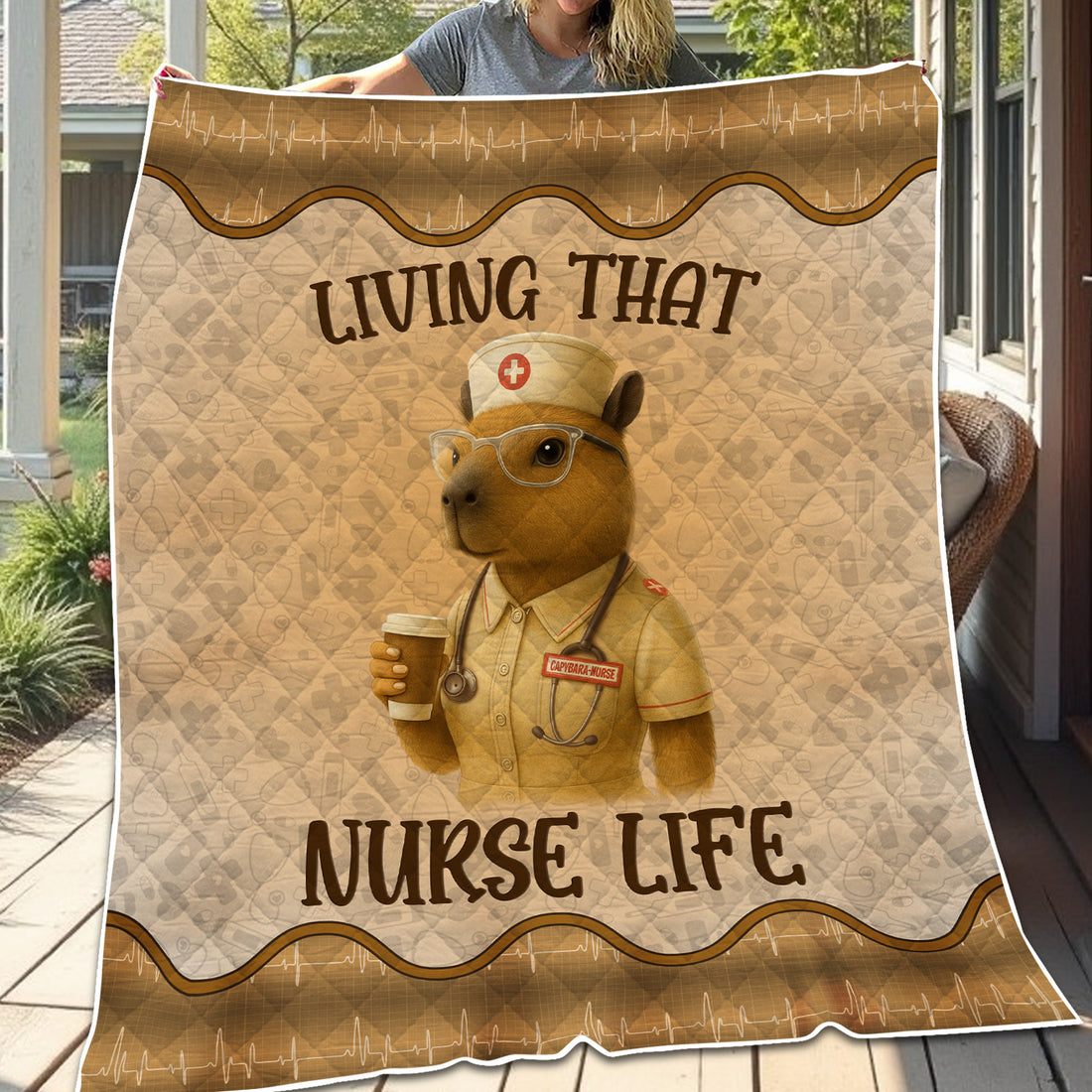 Custom Funny Nurse Capybara Blanket - Coffee & Stethoscope Graphic Design - Gift for RN LPN Healthcare Workers