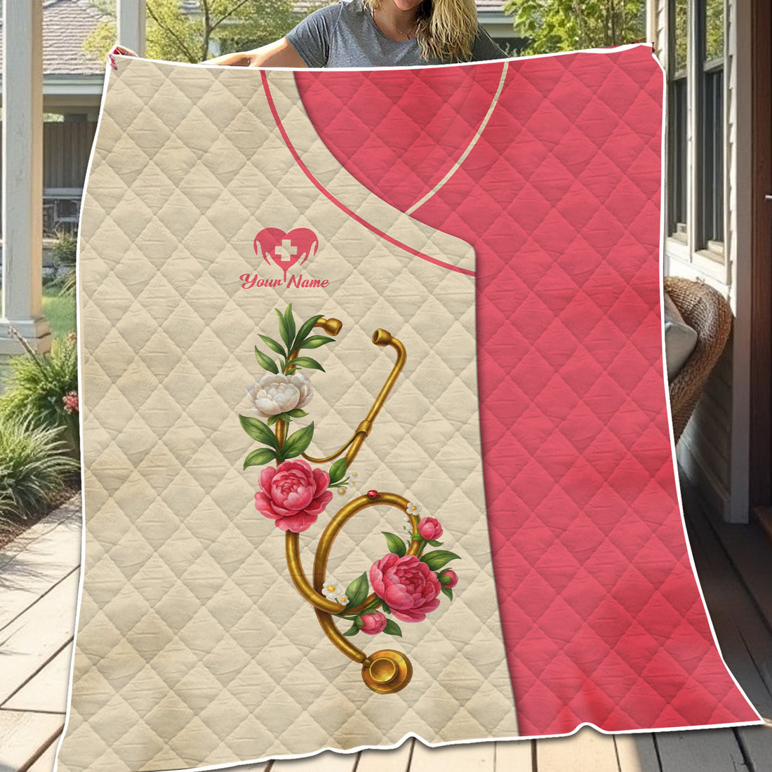 Custom Floral Blanket for Nurses - Peonies Flower and Stethoscope Design - Medical Gift for RN, LPN, CNA