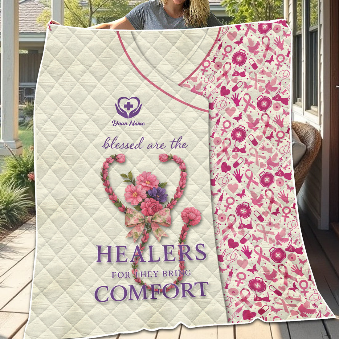 Custom Breast Cancer Awareness Nurse Blanket - Blessed Are the Healers Design - Gift for RN LPN CNA