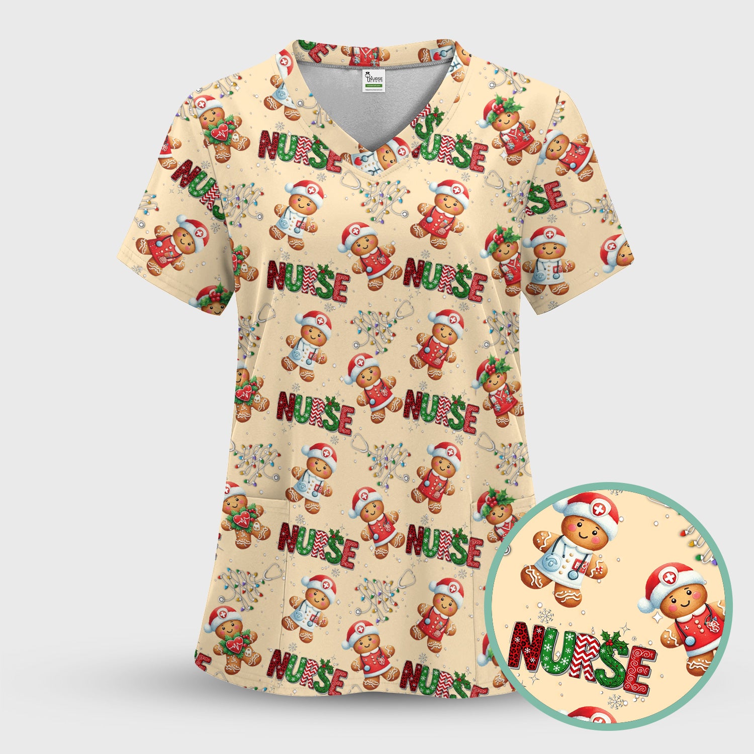 Gingerbread Christmas Scrub Top - Festive Holiday Nurse Medical Shirt - Gift for RN CNA LPN