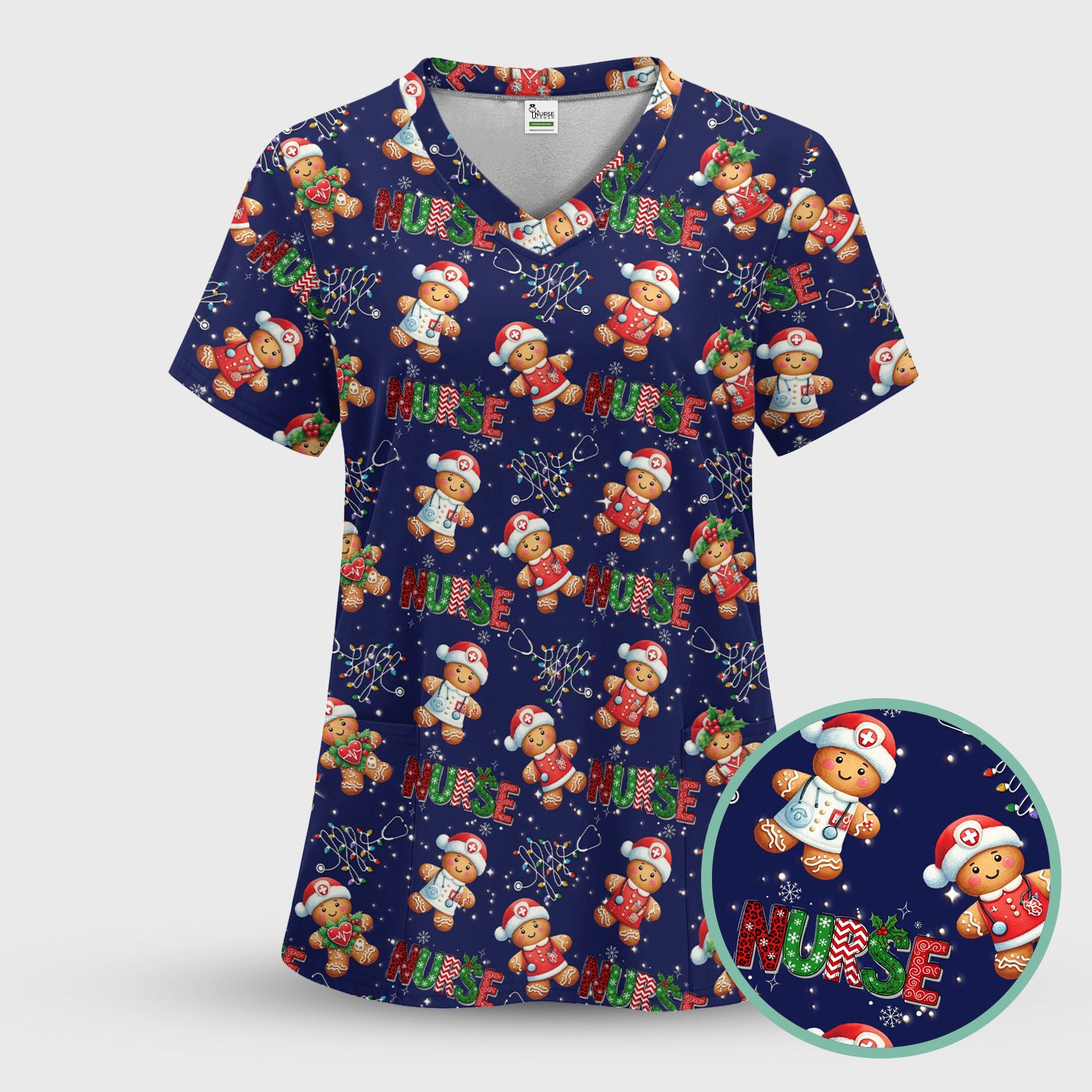 Christmas Nurse Scrub Top - Funny Gingerbread Holiday Medical Uniform - Gift for Nurse RN CNA LPN