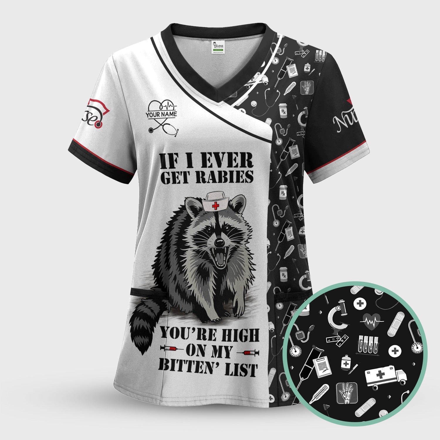 Custom Name Funny Nurse Scrub Top - You're High On My Bitten List - Gift for RN LPN CNA Healthcare Staff