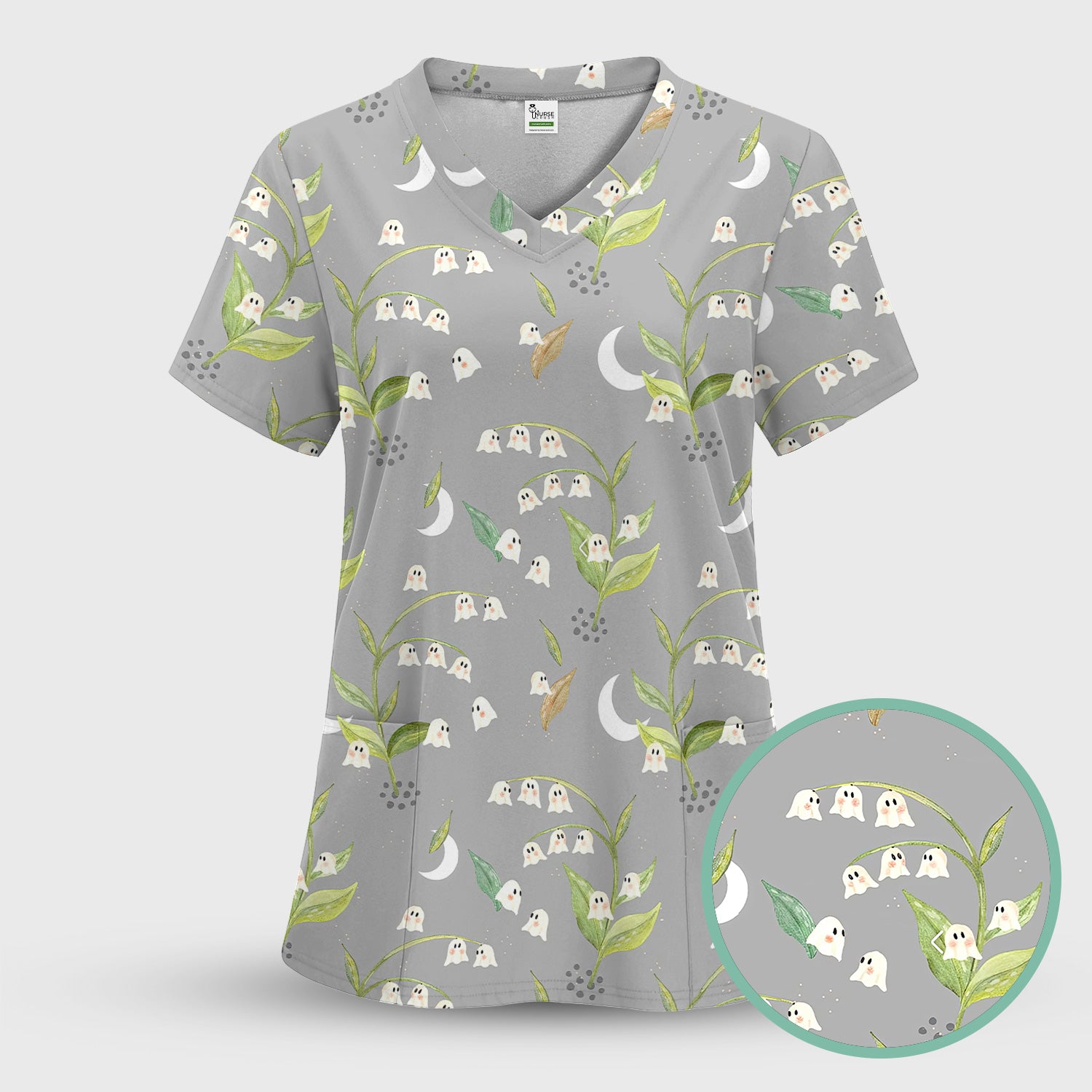 Cute Ghost Halloween Nurse Scrub Top - Lily of the Valley Shirt - Gift for Women Nurses, RN LPN & Medical Staff