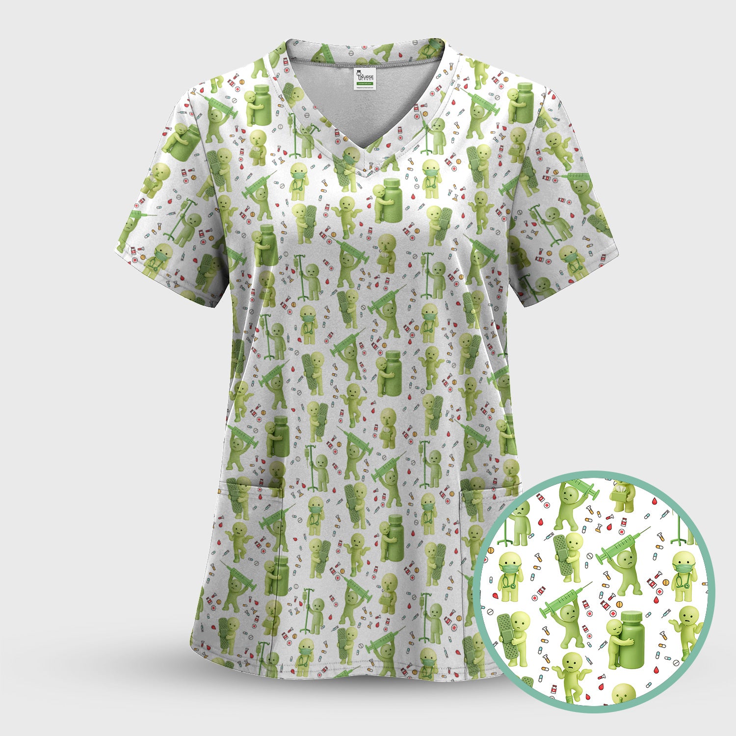 Funny Smiski Nurse Scrub Top - Cute Smiski Medical Pattern Design - Gift for Women RN LPN CNA