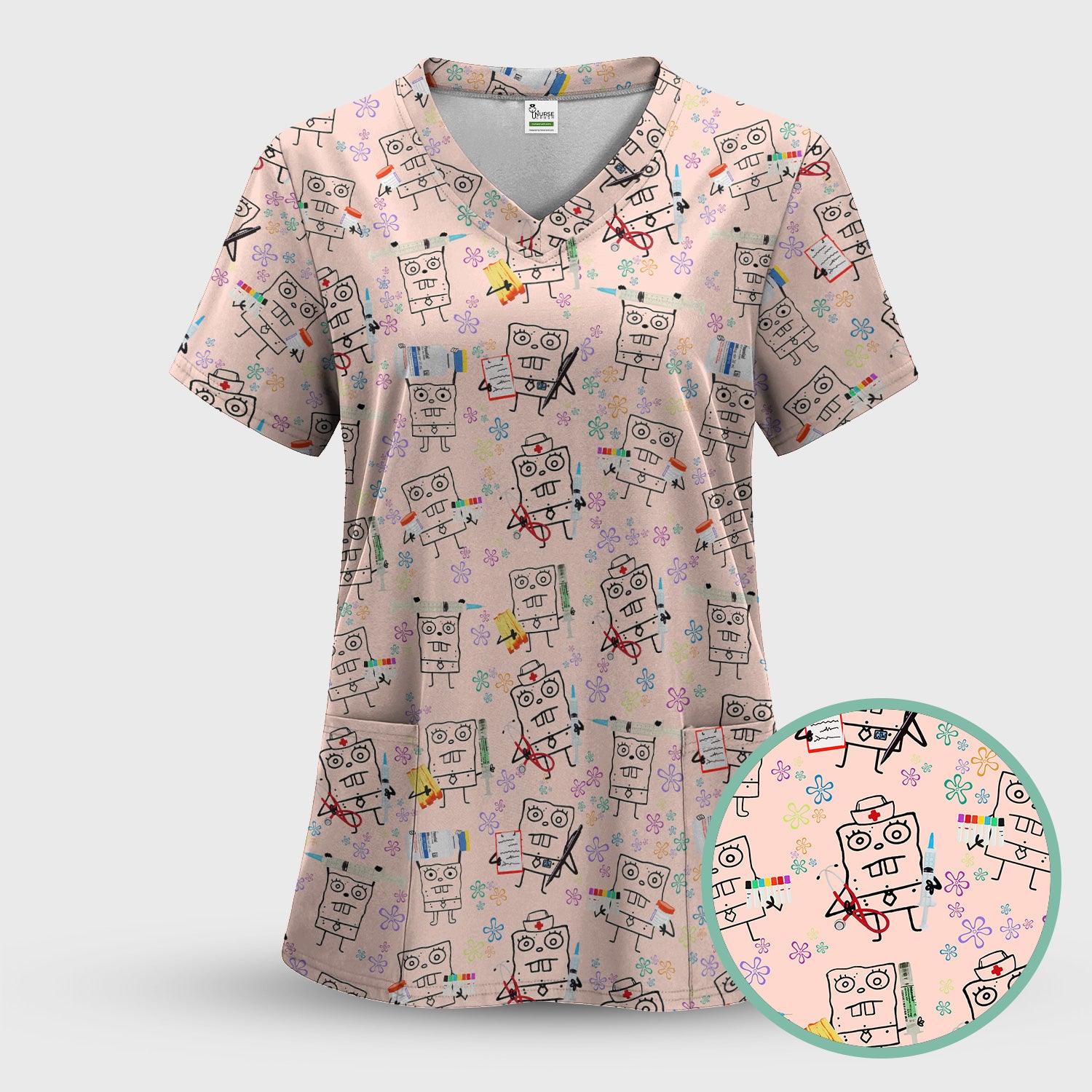 Custom Doodle Bob Energy Drink Nurse Scrub Top - Funny Cartoon Medical Design - Gift for RN MD RT CNA Paramedic Healthcare Staff