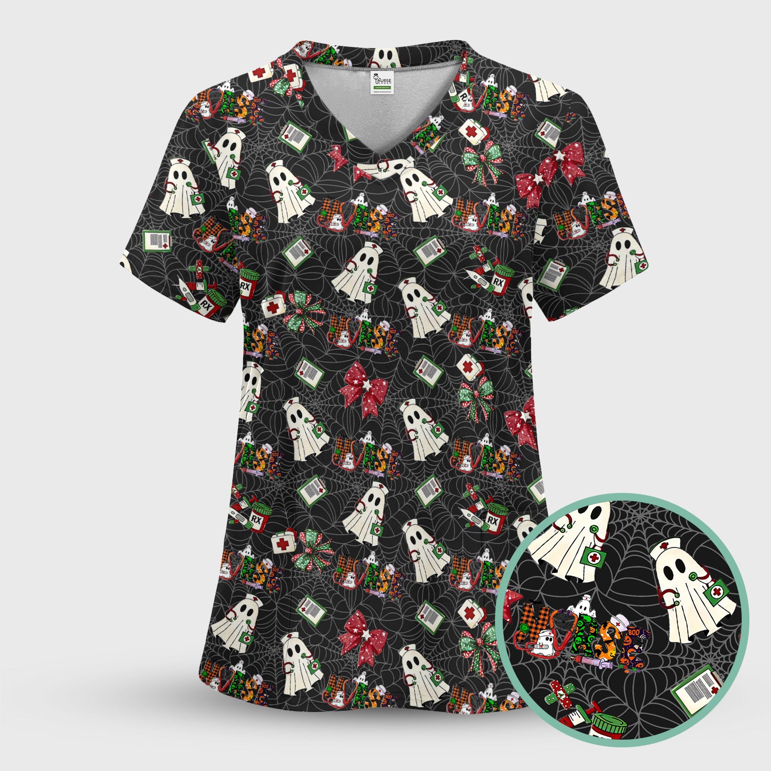 Custom Halloween Scrub Top for Nurses - Funny Ghost and Web Scrub Shirt Multi Color - Cute Spooky Nursing Workwear with Pockets