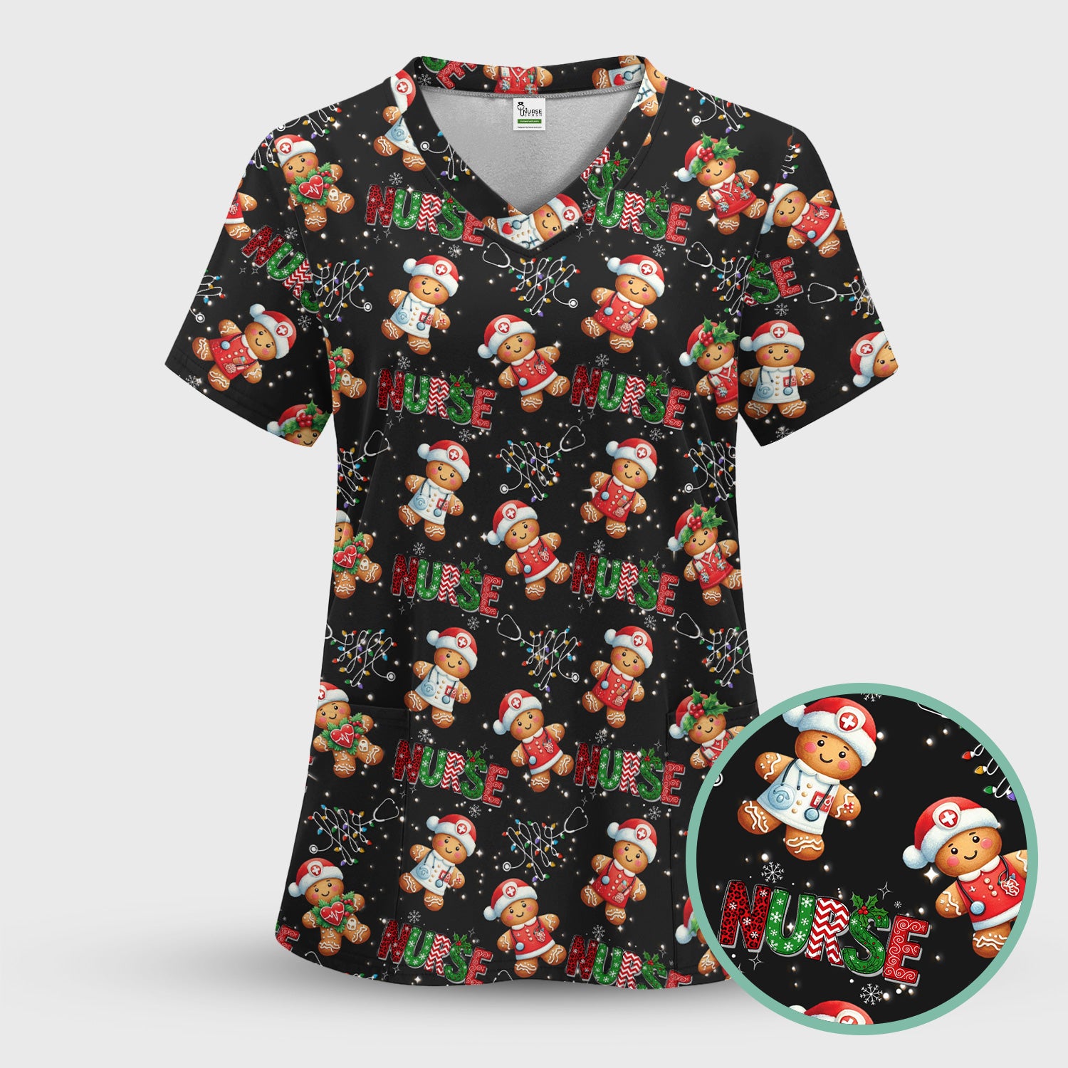 Gingerbread Christmas Scrub Top - Festive Holiday Nurse Medical Shirt - Gift for RN CNA LPN