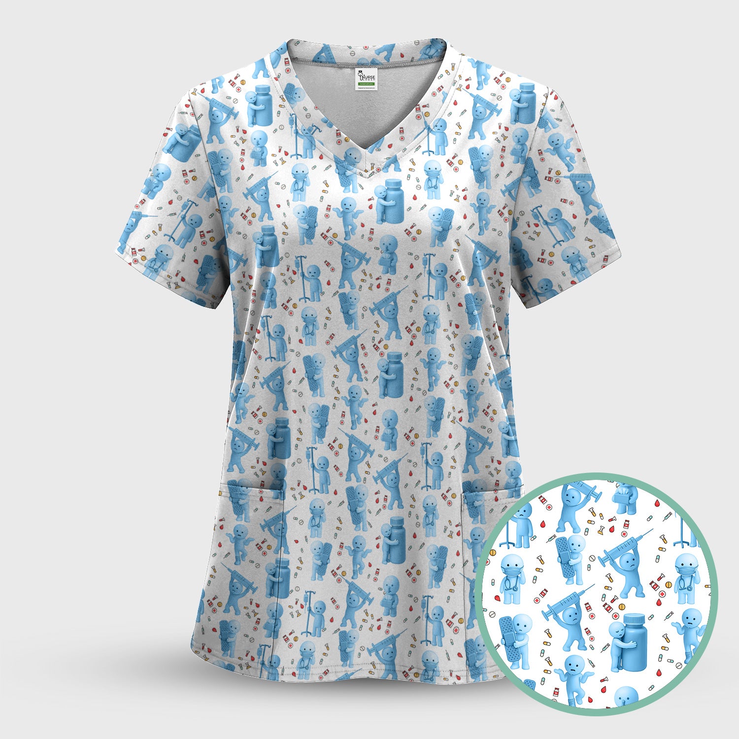 Funny Smiski Nurse Scrub Top - Cute Smiski Medical Pattern Design - Gift for Women RN LPN CNA