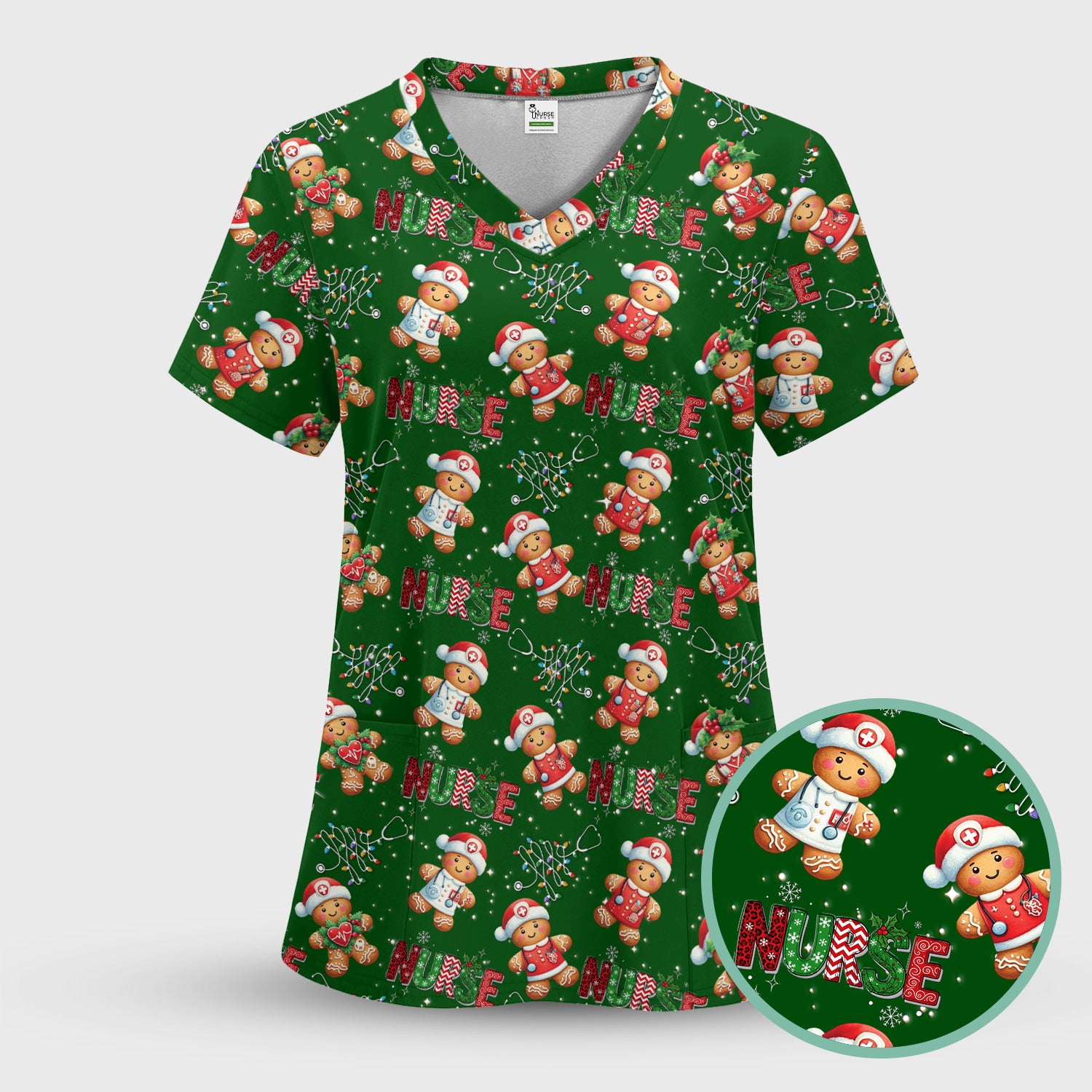 Christmas Nurse Scrub Top - Funny Gingerbread Holiday Medical Uniform - Gift for Nurse RN CNA LPN